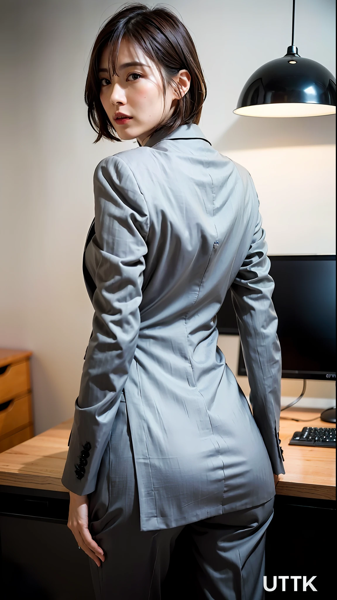 (Best quality, 8k, 32k, Masterpiece, UHD:1.2), 1girl, beautiy Japanese woman, narrow waist, grey suit, open jacket, office lady, suit, pants, from behind, office room, desk, (stick out one's buttocks:1.2), detailed face, short hair,