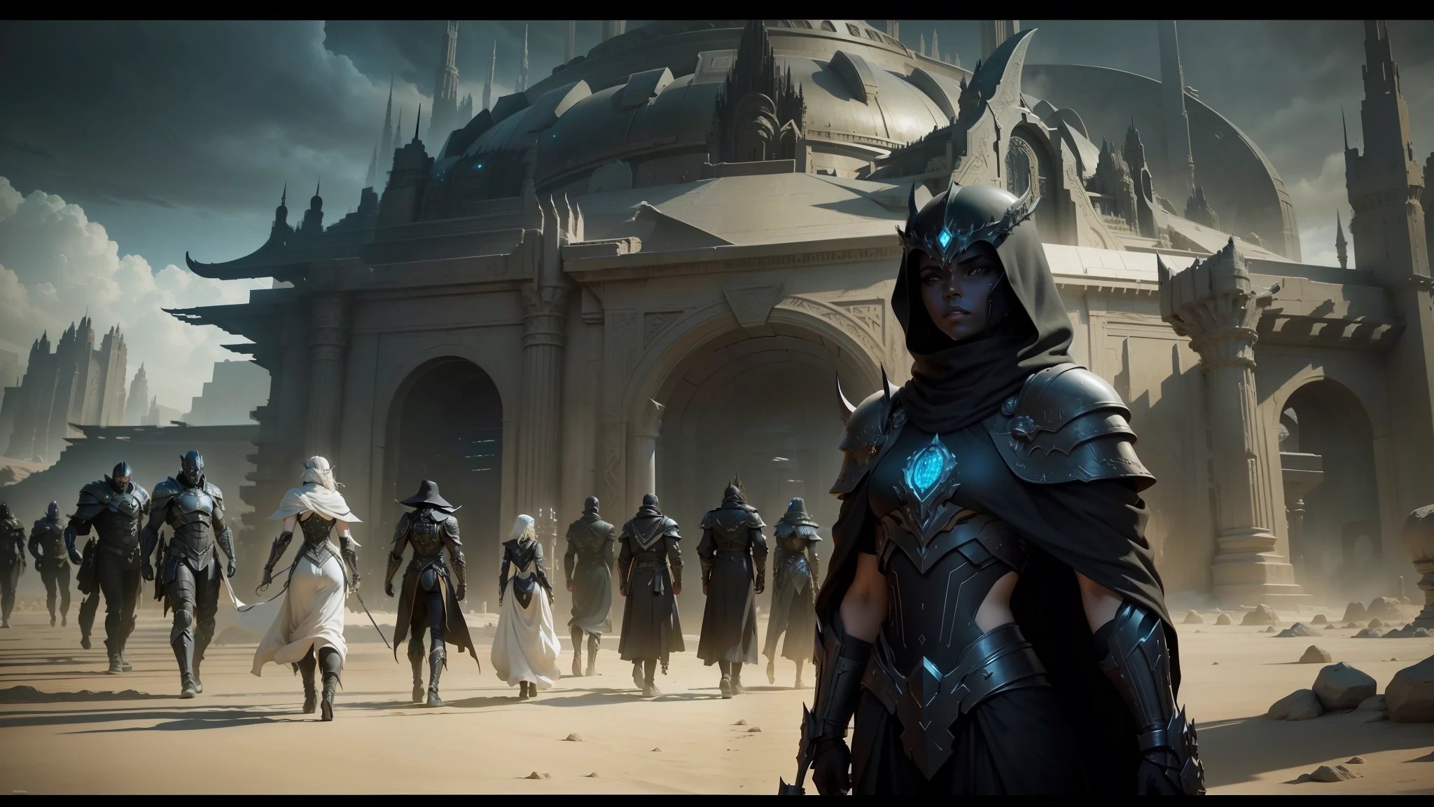 arafed image of a group of people walking in a desert, wearing black sith uniform, big and structured valhalla city, the temple of truth is white, movie screencap, like lady mechanika, detailed cinematic shot, atlantis in the background, the gates of argonath, necropolis --auto --s2