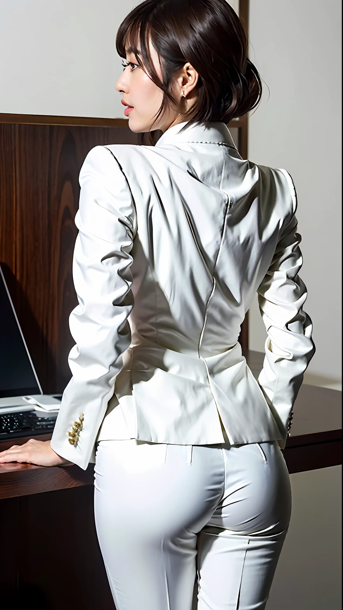 (Top Quality, 8k, 32k, Masterpiece, UHD: 1.2), 1 girl, beautiful Japan woman, thin waist, open jacket, OL, (((white suit)), pants, from behind, office, desk, (sticking out the buttocks: 1.2), fine face, short hair,