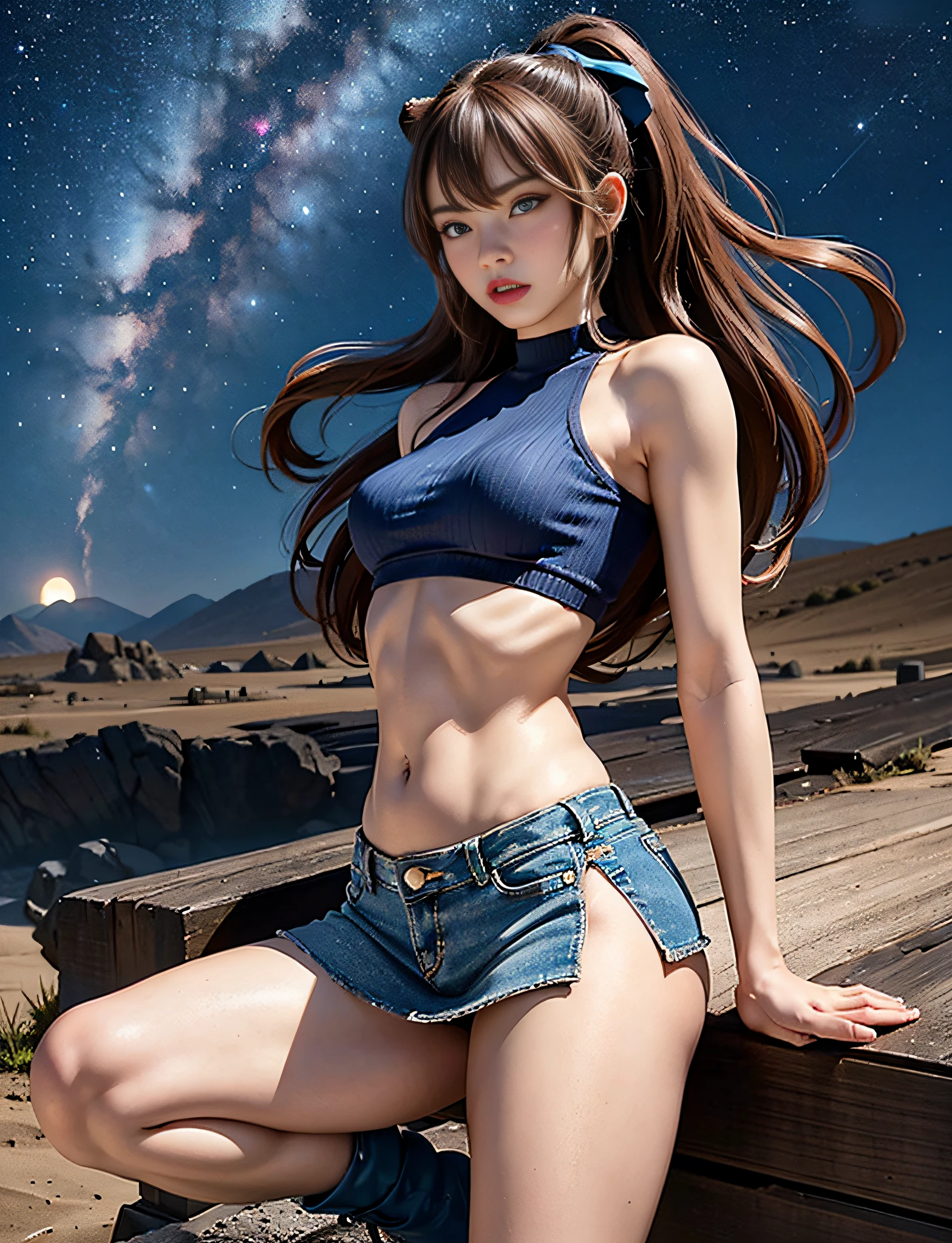 (very detailed RAW color photo), (1 girl), (alone), (19 years), (Goddess body), (athletic), (very defined toned physique), (very defined and beautiful muscular body), (very detailed perfect body), (small and defined breasts), (ultra defined curves), (superior quality, 8k, masterpiece: 1.3), (sharp focus: 1.2), (extremely beautiful girl with perfect figure: 1.4), (very thin waist: 1.2),  (ultra detailed skin texture), (perfect and beautiful hands), (smooth and soft skin), (ultra detailed fabric texture), (extremely beautiful ultra detailed face), (perfect butt), (she is wearing a tight summer t-shirt and a denim skirt with ankle boots), (extra long curly brown hair with bangs), (extra long ponytail with ribbon), (very detailed and beautiful tiger ears),  (hair on face), dynamic pose, (uniform leaves thighs exposed), (ultra detailed and toned legs), ((very wide hips)), ((very thick and toned thighs)), (sexy), ((extreme hourglass figure)), ((very thick heart lips)), ((red lipstick)), ((blue eyes)), ((angry look)), (blush), (makeup), (ultra-defined waist), eye shadow, (full body shot),  with the pyramids of Giza in the background, pyramids behind, very detailed starry sky, desert, stars, starry night, night sky, stars, full moon, galaxies and nebulae.