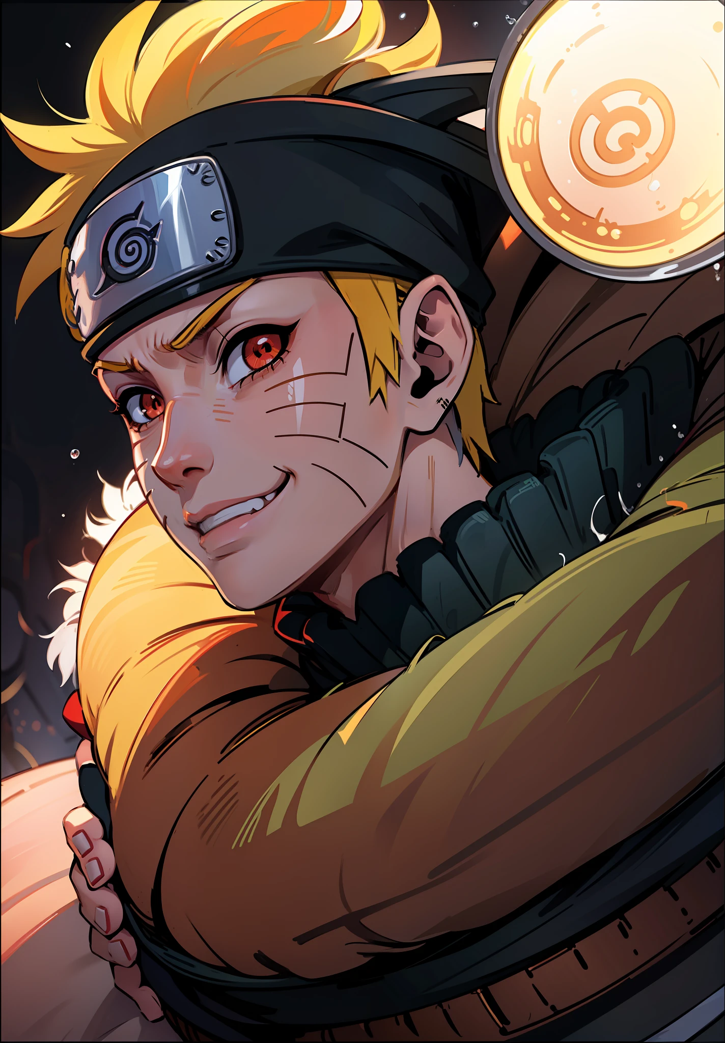 Uzumaki Naruto, 1boy, male focus, masterpiece, best quality, (portrait, close-up), looking at the viewer, shadow and light, blurred foreground, Konohagakure symbol, indoors, water drop, red eyes, black sclera, on the bed, cold bloodthirsty smile,