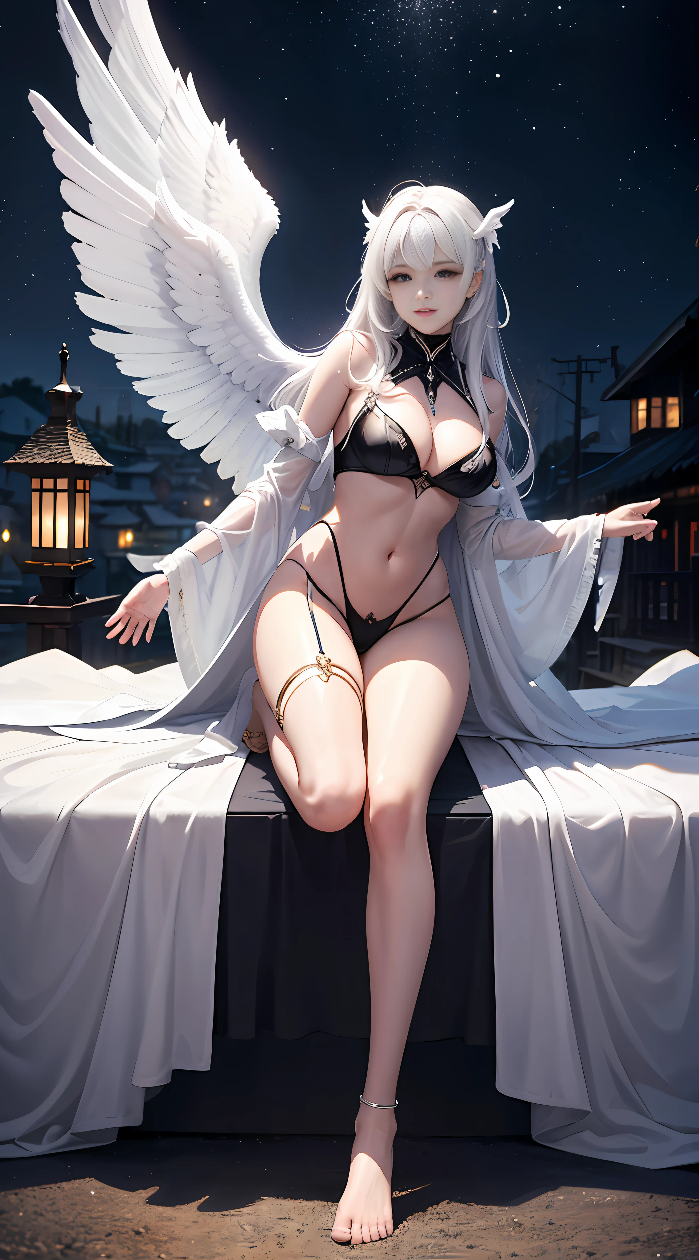 Angel wings, half white and half black, large wings, dangling, 1 female, long legs, lower hemisphere, hip arc, briefs, legs crossed, hands open, beam, shantytown, old residential area, glitter, hug gesture, pretty face, oriental face, outdoor, looking up, low camera, best quality, super fine photo, masterpiece, 8K, UHD, translucent, cool, seductive, fantasy, hyper-realistic, photography level --auto --s2