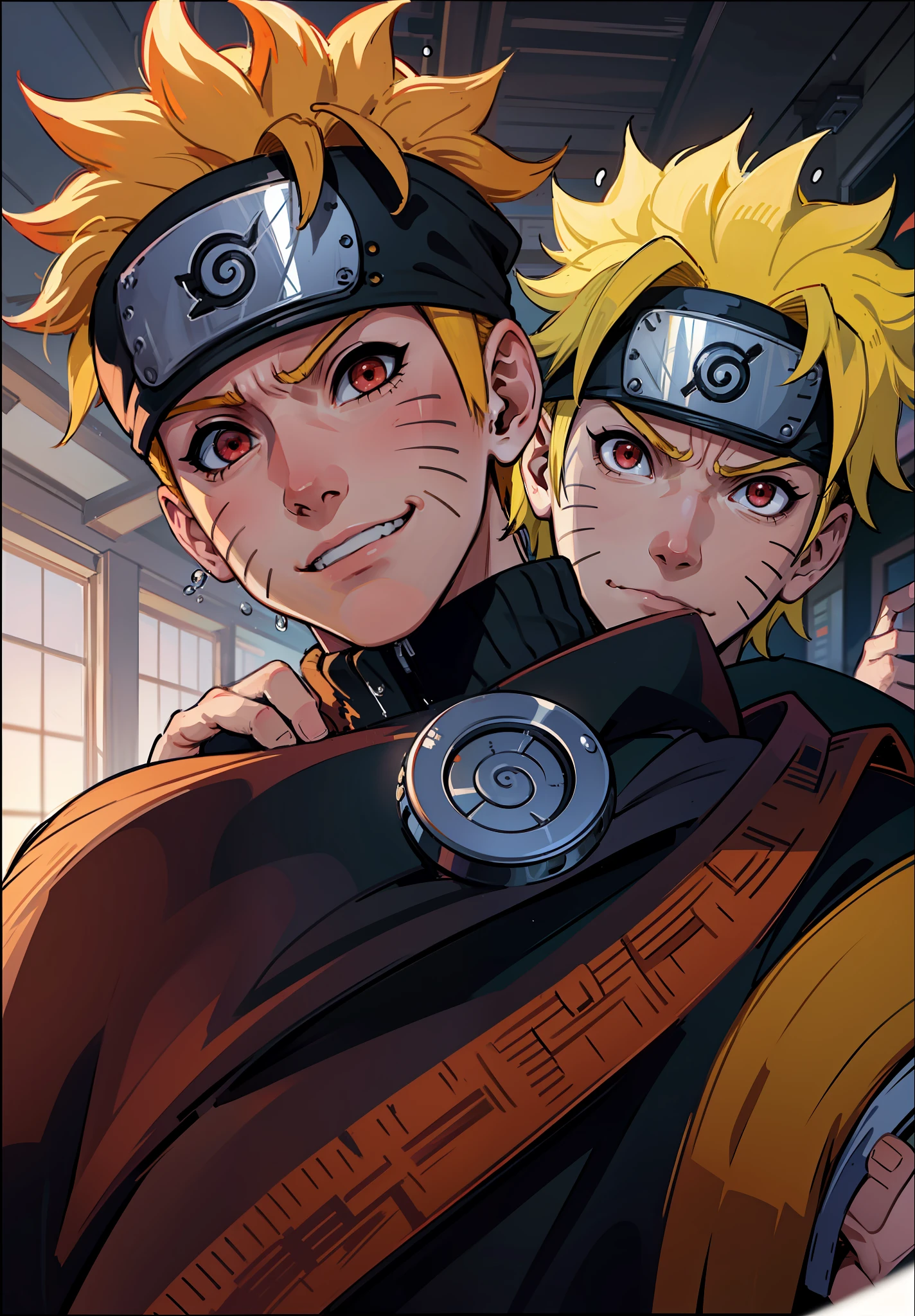 Uzumaki Naruto, 1boy, male focus, masterpiece, best quality, (portrait, close-up), looking at the viewer, shadow and light, blurred foreground, Konohagakure symbol, indoors, water drop, red eyes, black sclera, on the bed, cold bloodthirsty smile,