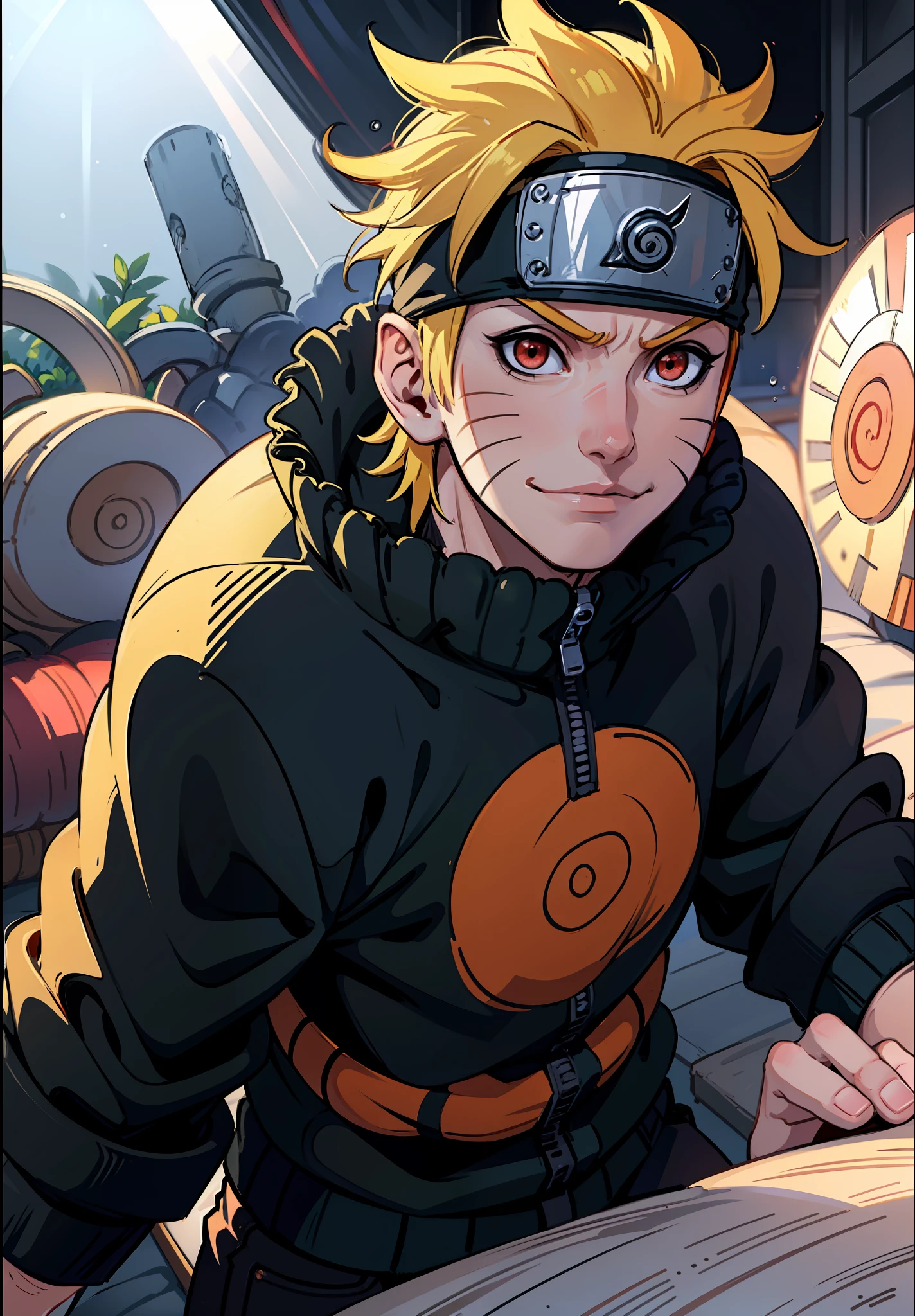Uzumaki Naruto, 1boy, male focus, masterpiece, best quality, (portrait, close-up), looking at the viewer, shadow and light, blurred foreground, Konohagakure symbol, indoors, water drop, red eyes, black sclera, on the bed, cold bloodthirsty smile,