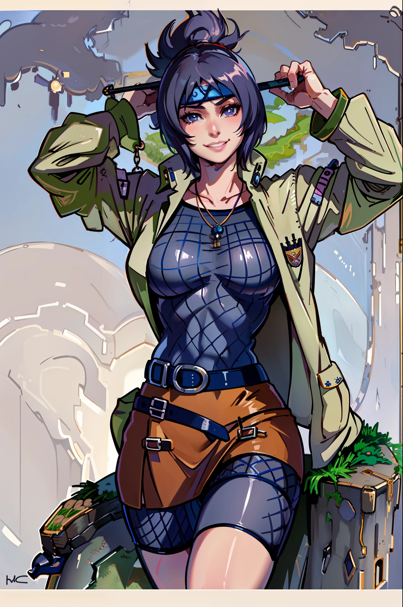 (masterpiece, best quality: 1.2), cowboy shot, solo, 1girl, Mitarashi Anko, light smile looking at the viewer, hand on thigh, forehead protection, jacket, fishing nets, skirt, belt, jewelry, necklace, medium chest, wide hips