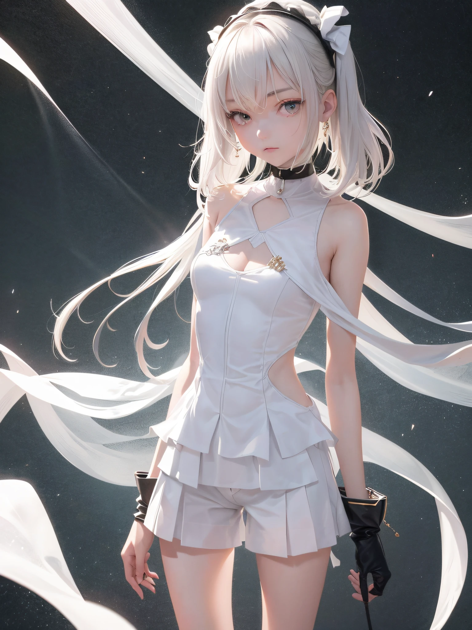 (8K, RAW, Professional, Best Quality, Masterpiece: 1.2), (Realistic, Photorealistic: 1.37), Ultra Detail, (Portrait), (Best Detail Skin: 1.2), (Best Detail Face: 1.2), Cinematic Lighting, 1 Girl, (Masterpiece), (Best Quality: 1.0), (Ultra High Definition: 1.0), Detailed Illustration, portrait, detail, girl, single, , detailed beautiful skin, slender, face focus, dim light, harsh theme, constriction, complete anatomy, lower body thin and slender legs, random hairstyle short hair, ultra high definition face, detailed eyes, mine system, goth loli, white thin soft clothes, choker, braided sneakers, taut pointed small, hair ornament, Idol group uniform, white shorts, two legs