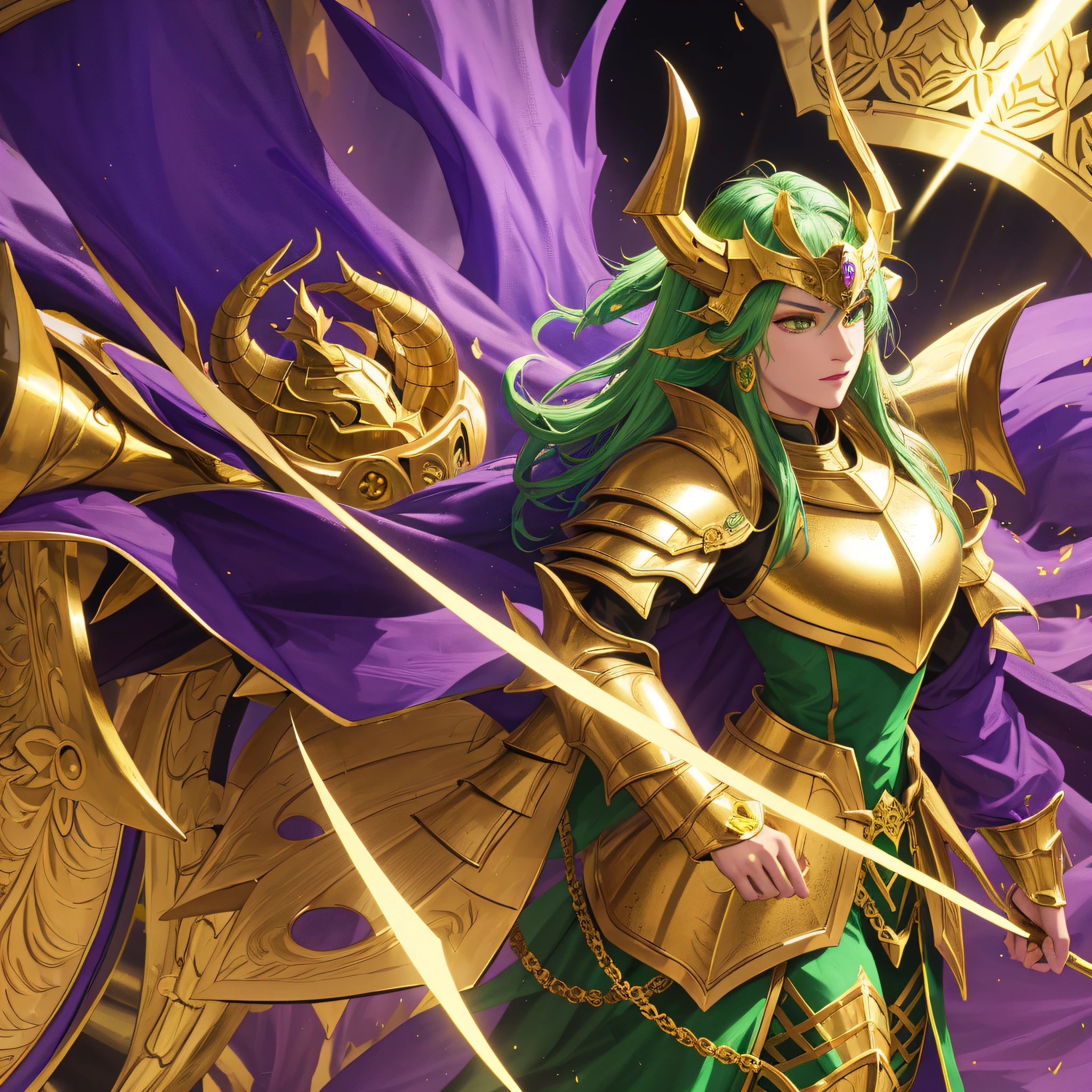 Dragon, Anthro, deep green scales, golden knight armor, golden helm with a purple plume, purple cape, standing regally right before a battle, masterpiece, best quality