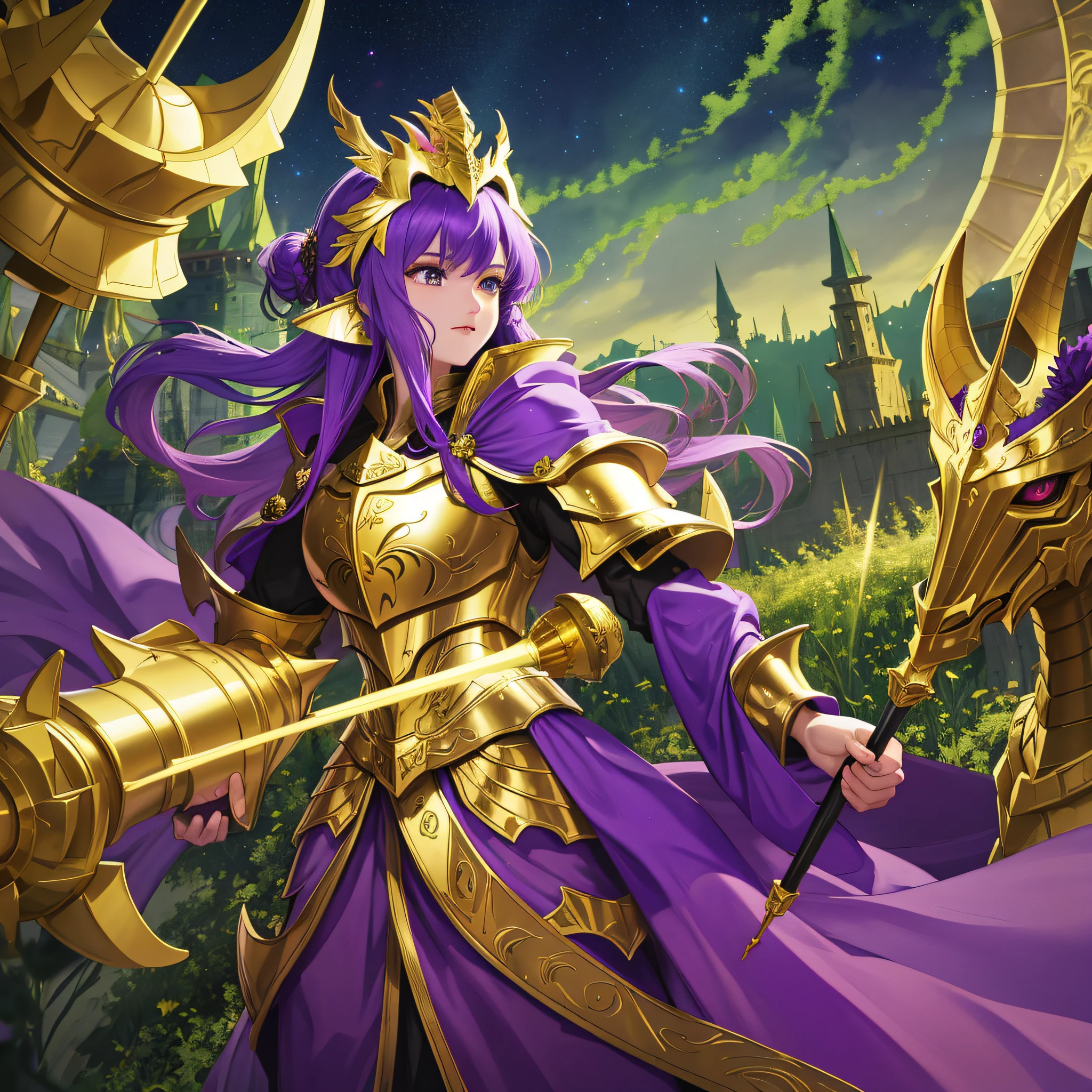 Dragon, Anthro, deep green scales, golden knight armor, golden helm with a purple plume, purple cape, standing regally right before a battle,  masterpiece, best quality