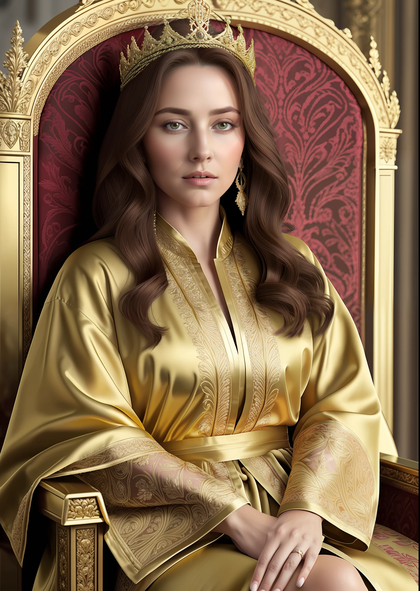 Queen a woman, brown hair, rich, sitting facing on a golden throne, (wearing a crown), transform a dark green embroidered outfit, a robe, ((a clear day,a realistic, realistic photo, 4k, highly detailed and intricate details, 8k
