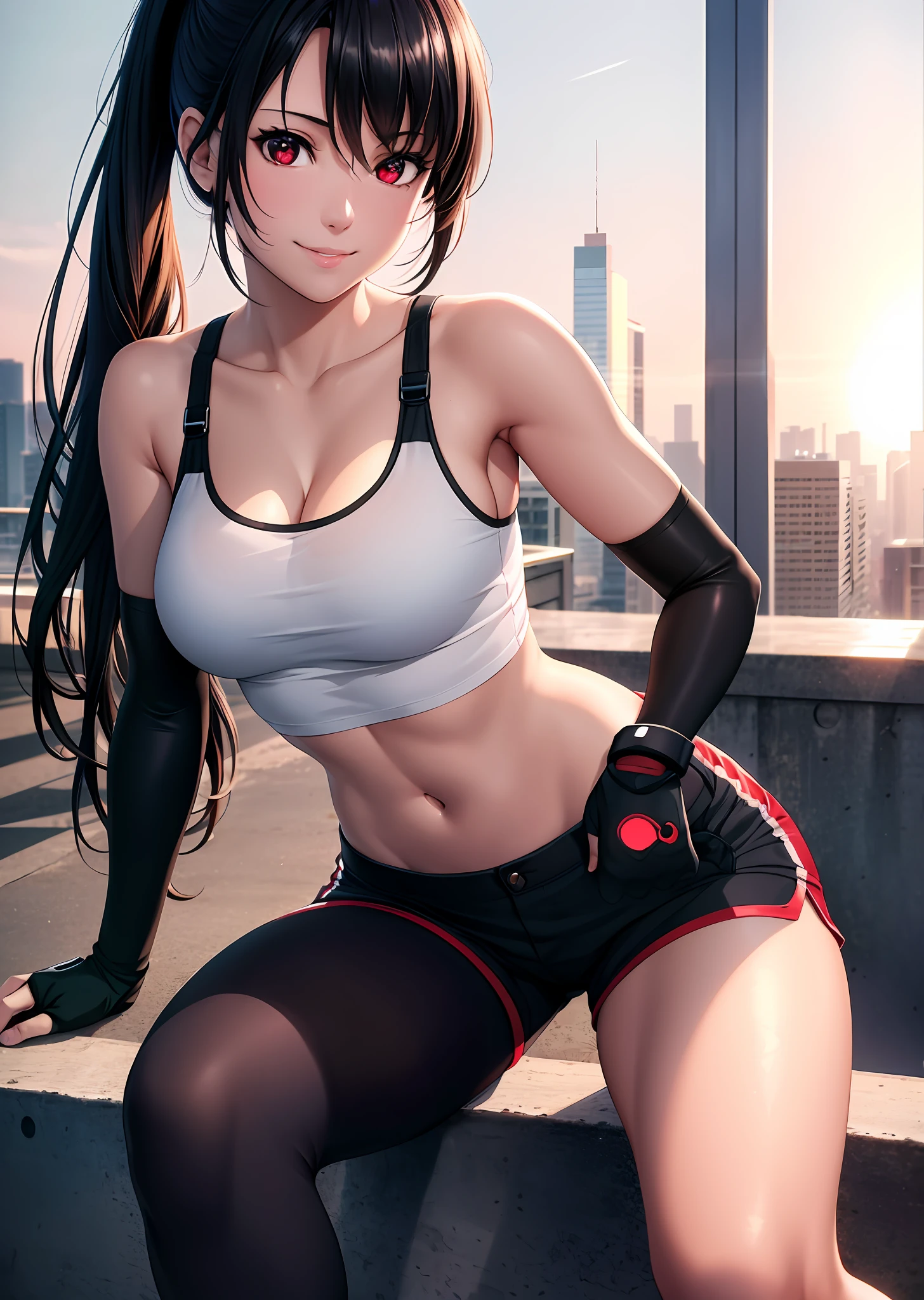 (photorealistic: 1.4), best quality, an extremely delicate and beautiful, highres, 1girl, tifa_lockhart, smile, full body, gymshorts, tank top, tense shirt, black hair, long hair, elbow gloves, beautiful detailed red eyes, light on face, cinematic lighting,