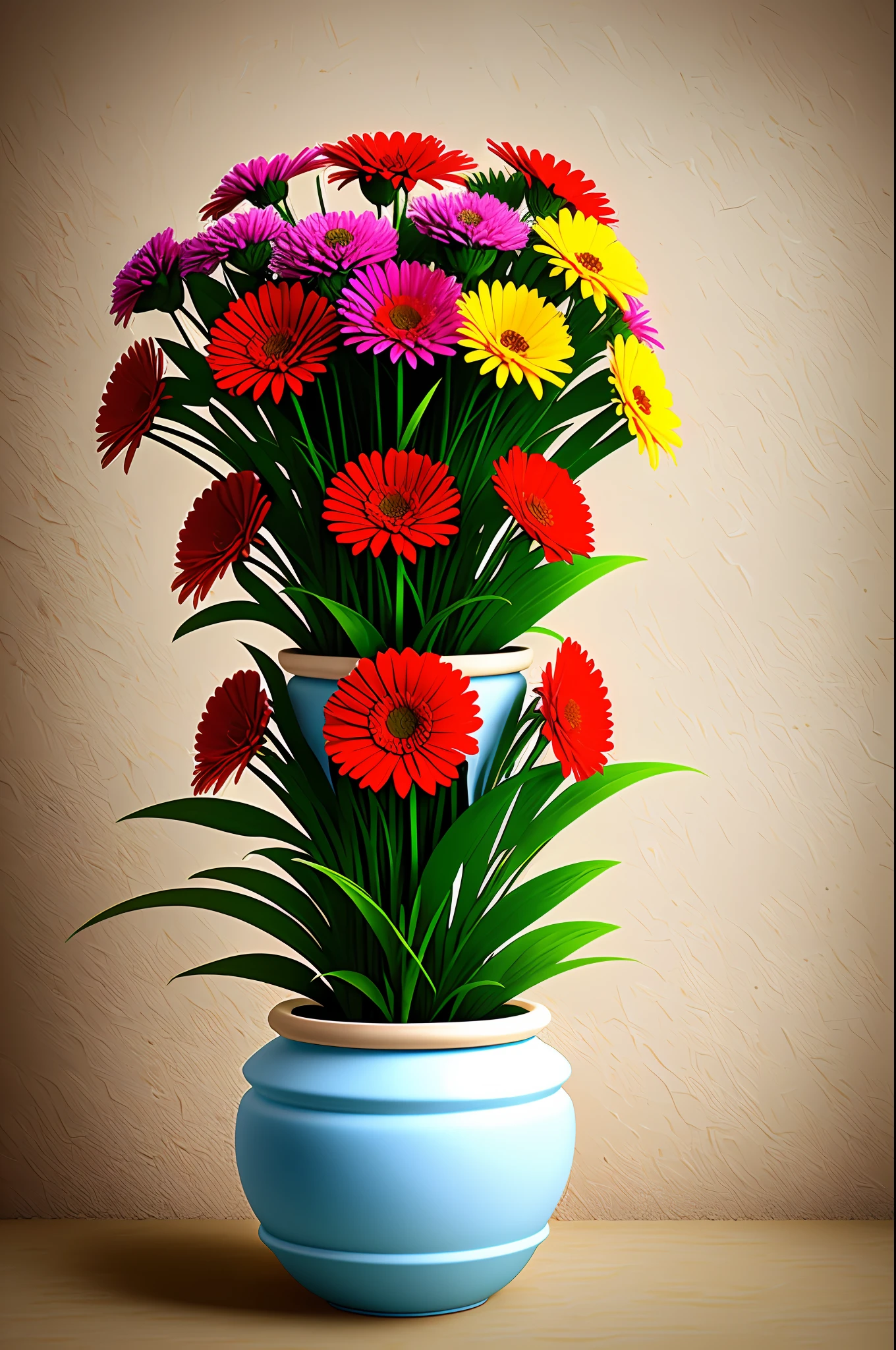 clay flower pot, colorful flowers, blank background, lots of details, high quality, 8k,