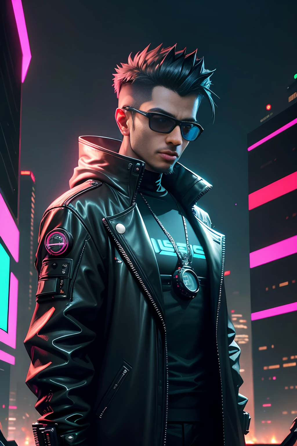 a man in a black jacket and glasses stands in front of a futuristic city, vr game, cyberpunk vibe, cyberpunk vibes, deeper into the metaverse we go, has cyberpunk style, cyberpunk theme, in cyber punk 2077, cyberpunk futuristic, cyberpunk future, synthwave, wearing cyberpunk streetwear, futuristic cyberpunk, cyberpunk tech, retro cyberpunk, synthwave style