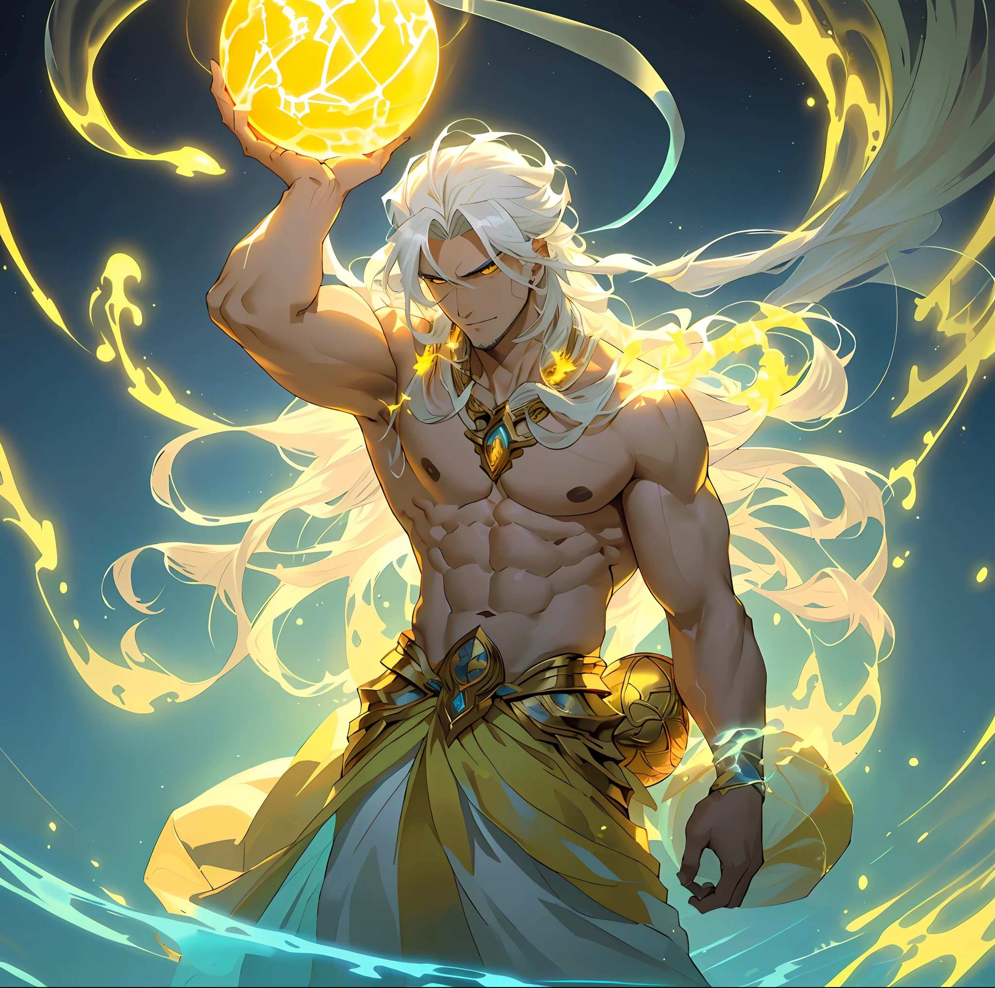 a close up of a man holding a yellow ball in his hand, furious god zeus, god of moon, an epic anime of a energy man, djinn human hybrid, skinny male fantasy alchemist, white haired deity, greek god, attractive male deity, djinn man male demon, the god zeus, god of the sun, male djinn man demon hybrid