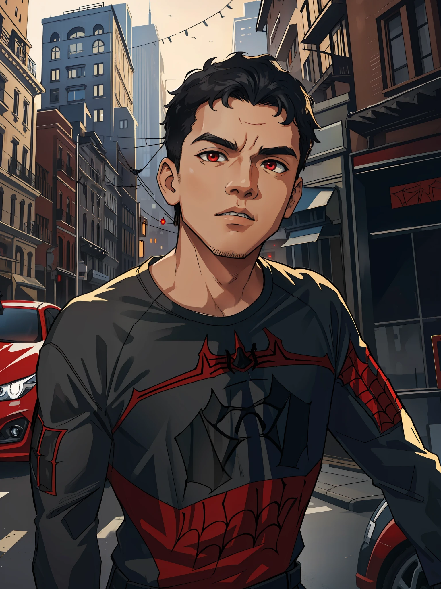 (masterpiece, best quality), intricate details, 8k, artstation, wallpaper, official art, splash art, sharp focus,
1boy, short hair, f red eyes, black hair,
spider suit, web print, cobweb,
skyscraper, city, buildings, cars, street,