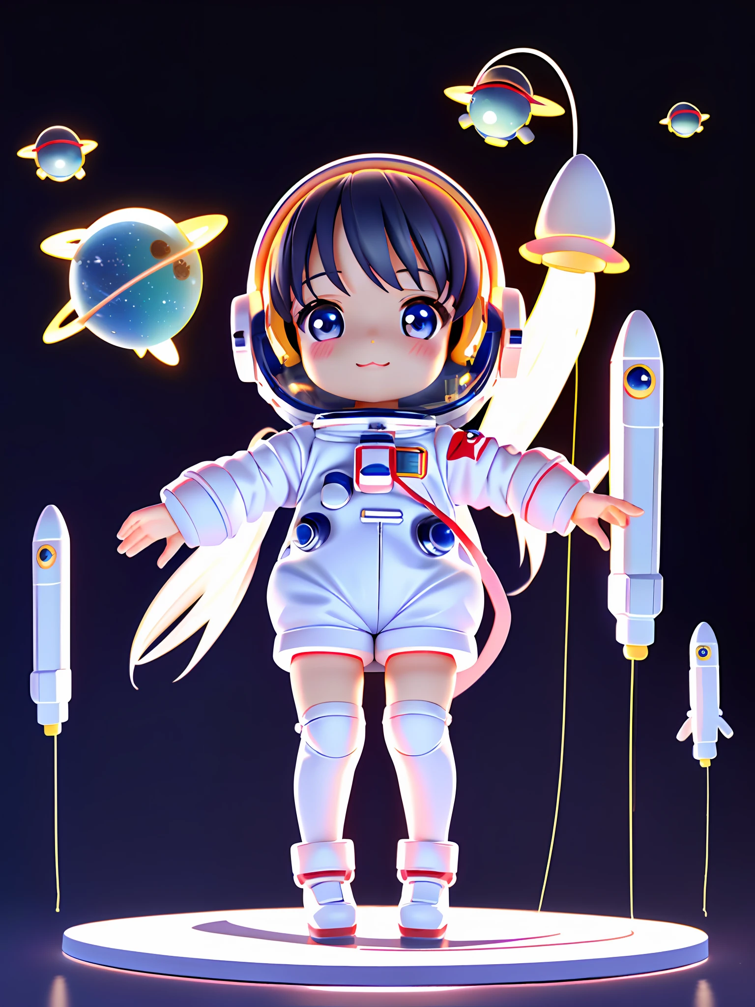 Super cute girl full body 3D picture, 1 pc, good looking eyes, big eyes, cute, happy, c4d, pop matt blind box, white long hair, glowing bubbles, toys, solid color background, chibi, fluorescent translucency, luminous body, kawaii, doll, (((astronaut, space cap, spacesuit))), reference table, pop mart blind box, Pixar, complex details, 3d rendering, blender, OC renderer, fol body reference sheet, Dribble, High Details, 8K, Studio Lighting, Loli, Petite, Child, Chibi, SD characters: 1.1, starry sky background