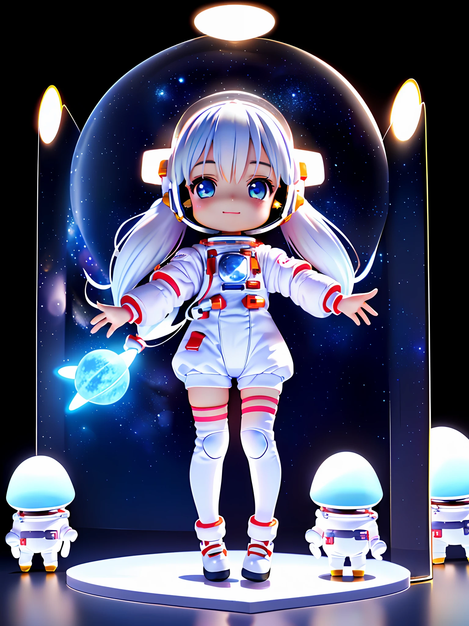 Super cute girl full body 3D picture, 1 pc, good looking eyes, big eyes, cute, happy, c4d, pop matt blind box, white long hair, glowing bubbles, toys, solid color background, chibi, fluorescent translucency, luminous body, kawaii, doll, (((astronaut, space cap, spacesuit))), reference table, pop mart blind box, Pixar, complex details, 3d rendering, blender, OC renderer, fol body reference sheet, Dribble, High Details, 8K, Studio Lighting, , Petite, Child, Chibi, SD characters: 1.1, starry sky background