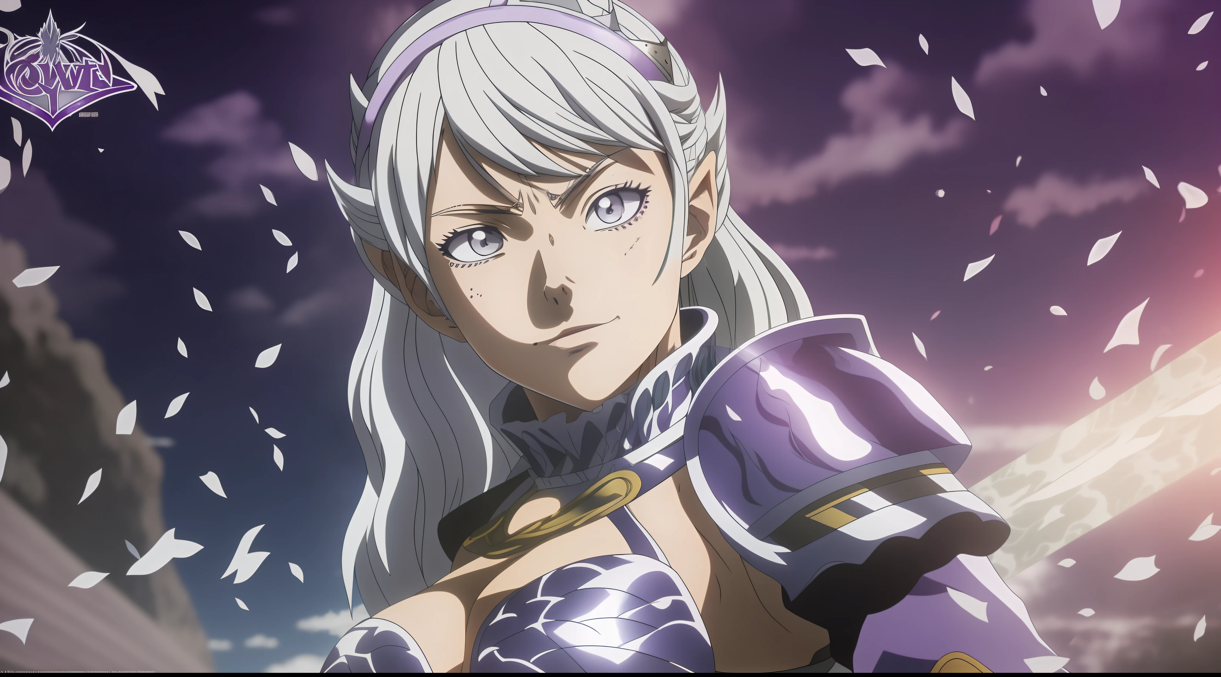 Anime girl with white hair and purple eyes, screenshot of Black Clover, anime character, female anime character, Best Anime Character Design, as an anime character, water armor, looking at the camera, cute Noelle Silva, Black Clover anime.