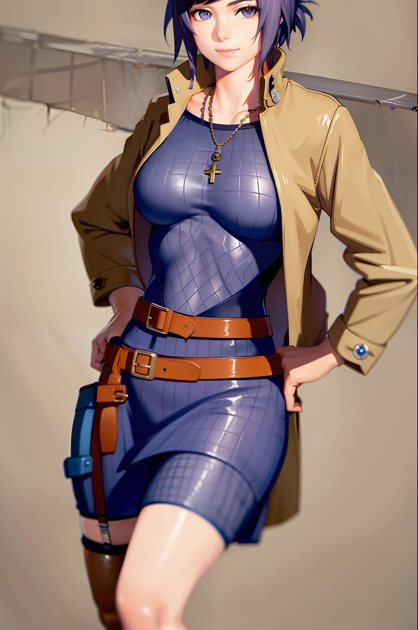 (masterpiece, best quality: 1.2), city, cowboy shot, solo, 1girl, Mitarashi Anko, slight smile looking at the viewer, crossed arms, jacket, fishing nets, skirt, belt, jewelry, necklace, medium chest, wide hips