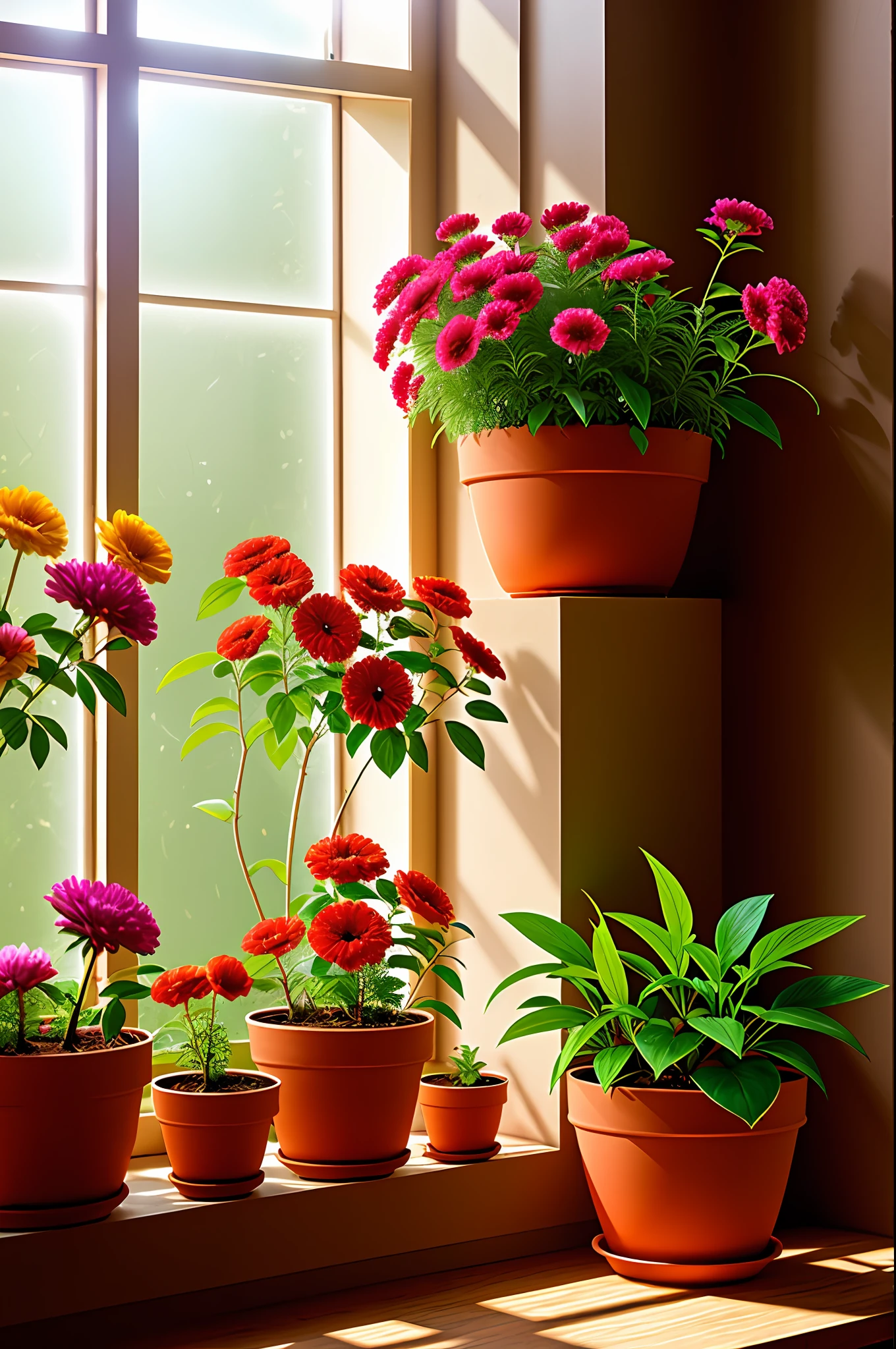 clay flower pot, colorful flowers, window side, sunlight coming in, blank background, lots of details, high quality, 8k,