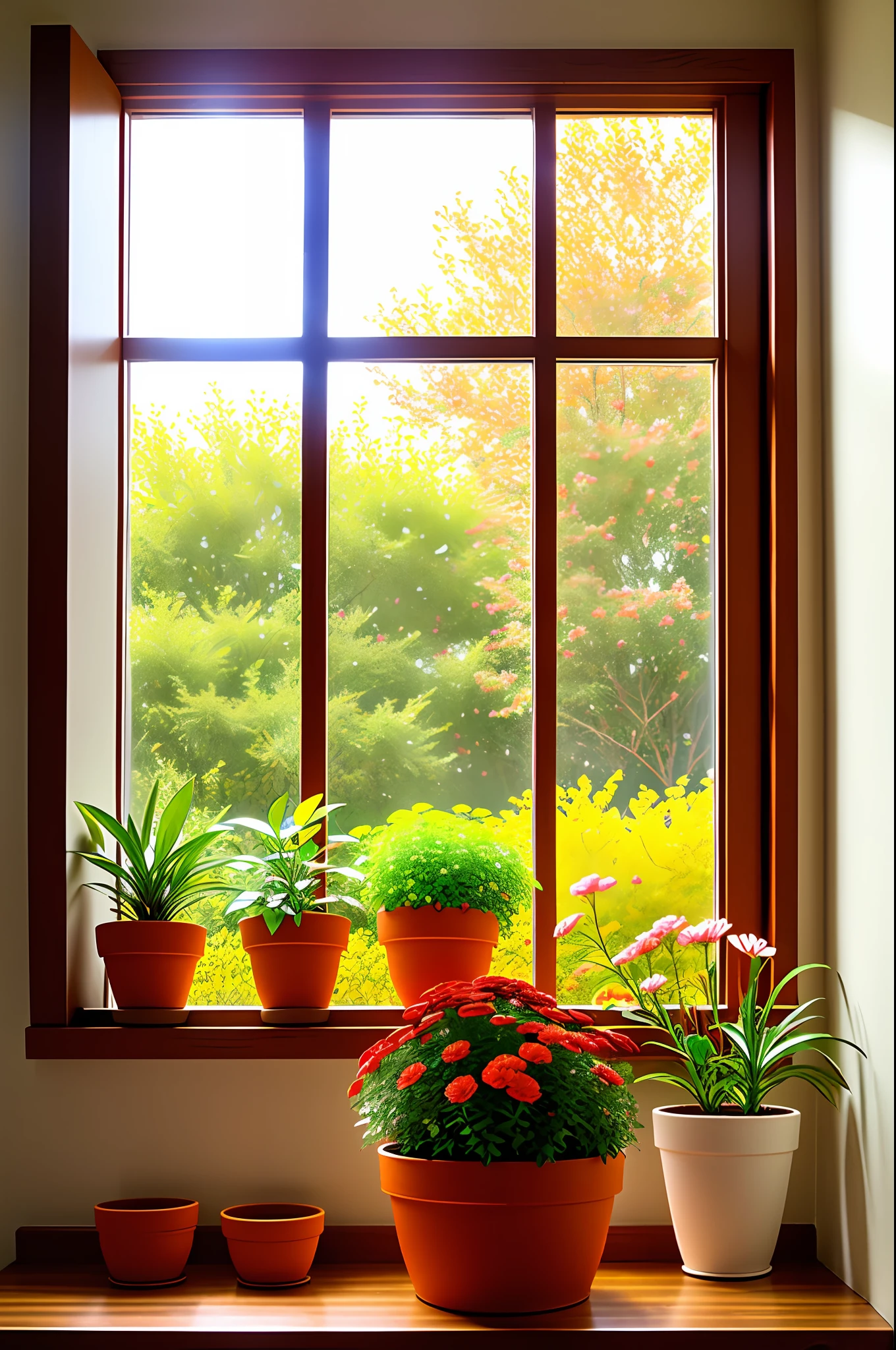 clay flower pot, colorful flowers, window side, sunlight coming in, blank background, lots of details, high quality, 8k,