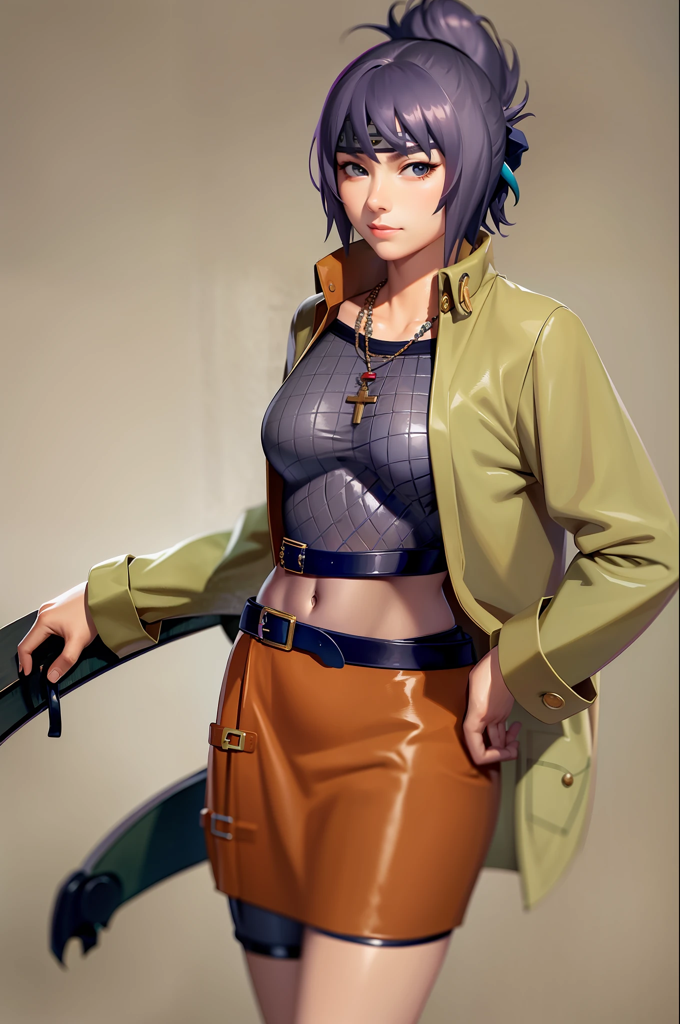 (masterpiece, best quality: 1.2), city, cowboy shot, solo, 1girl, Mitarashi Anko, slight smile looking at the viewer, crossed arms, jacket, fishing nets, skirt, belt, jewelry, necklace, medium chest, wide hips