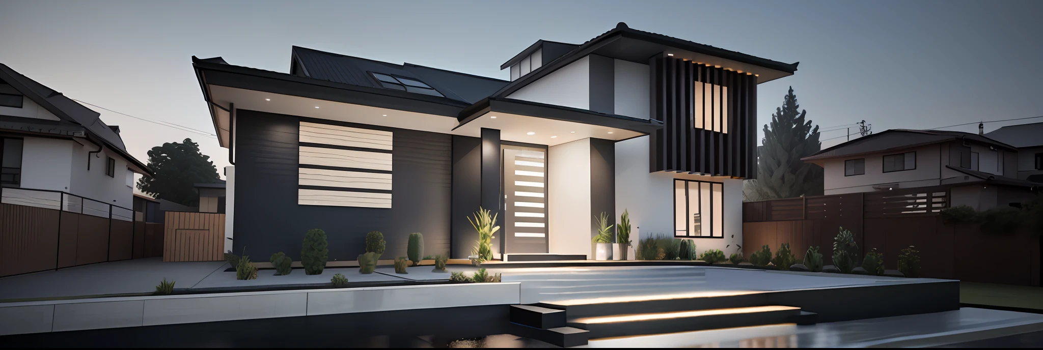 leave realistic image, leave image with realistic aspect, leave image with photo aspect, respect all image shapes, all finishes with realistic aspect, rendering of a modern house with a large backyard, concept house, render 3d,, rendered image, render detail, 3d render, front perspective, render 3 d architectural, render 3 - d, render architectural, residential design