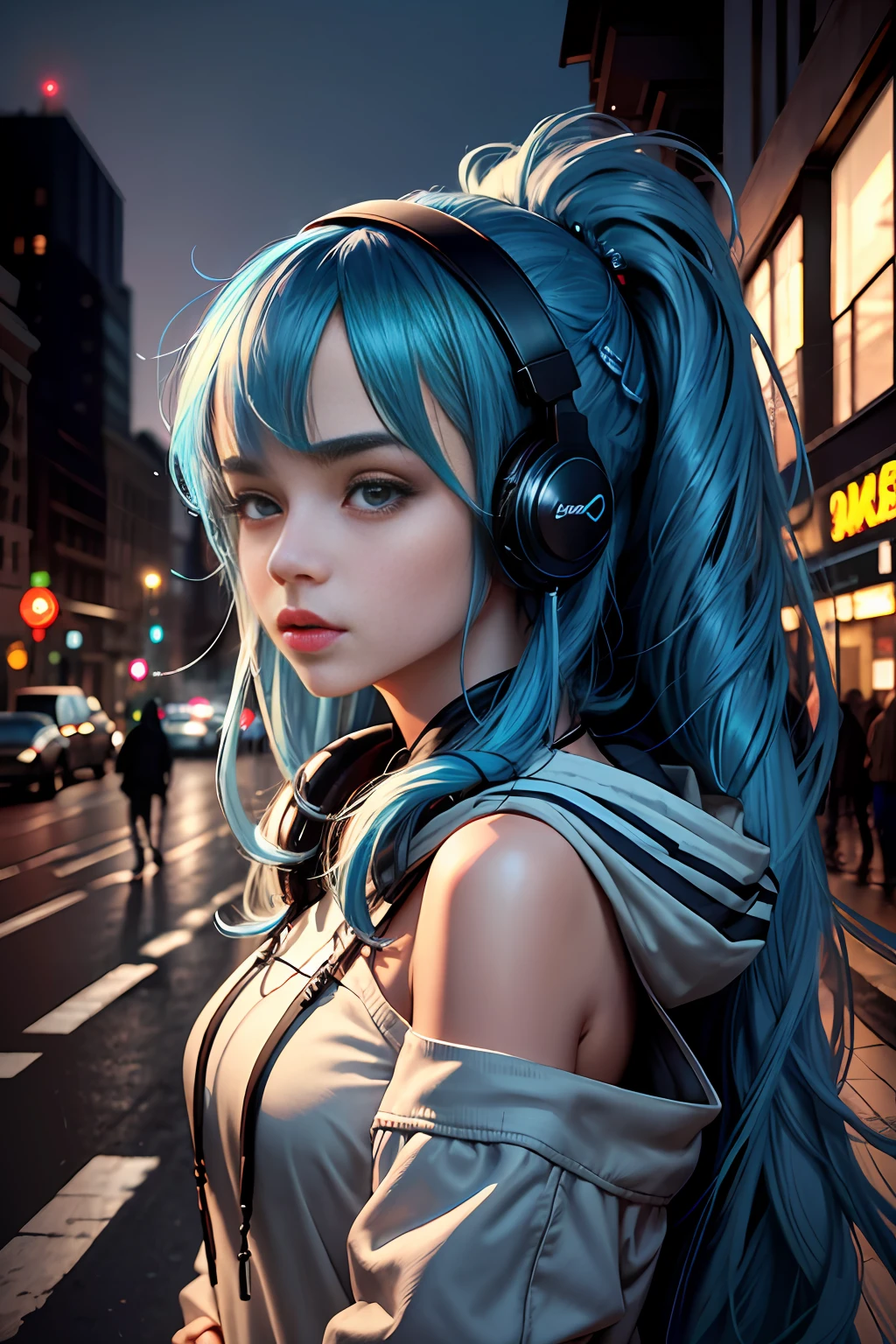 (masterpiece), best quality, ultra high res, 1girl,hoodie,blue hair, very long hair, off shoulder, feather hair ornament, headphones around neck, city,night,outdoors