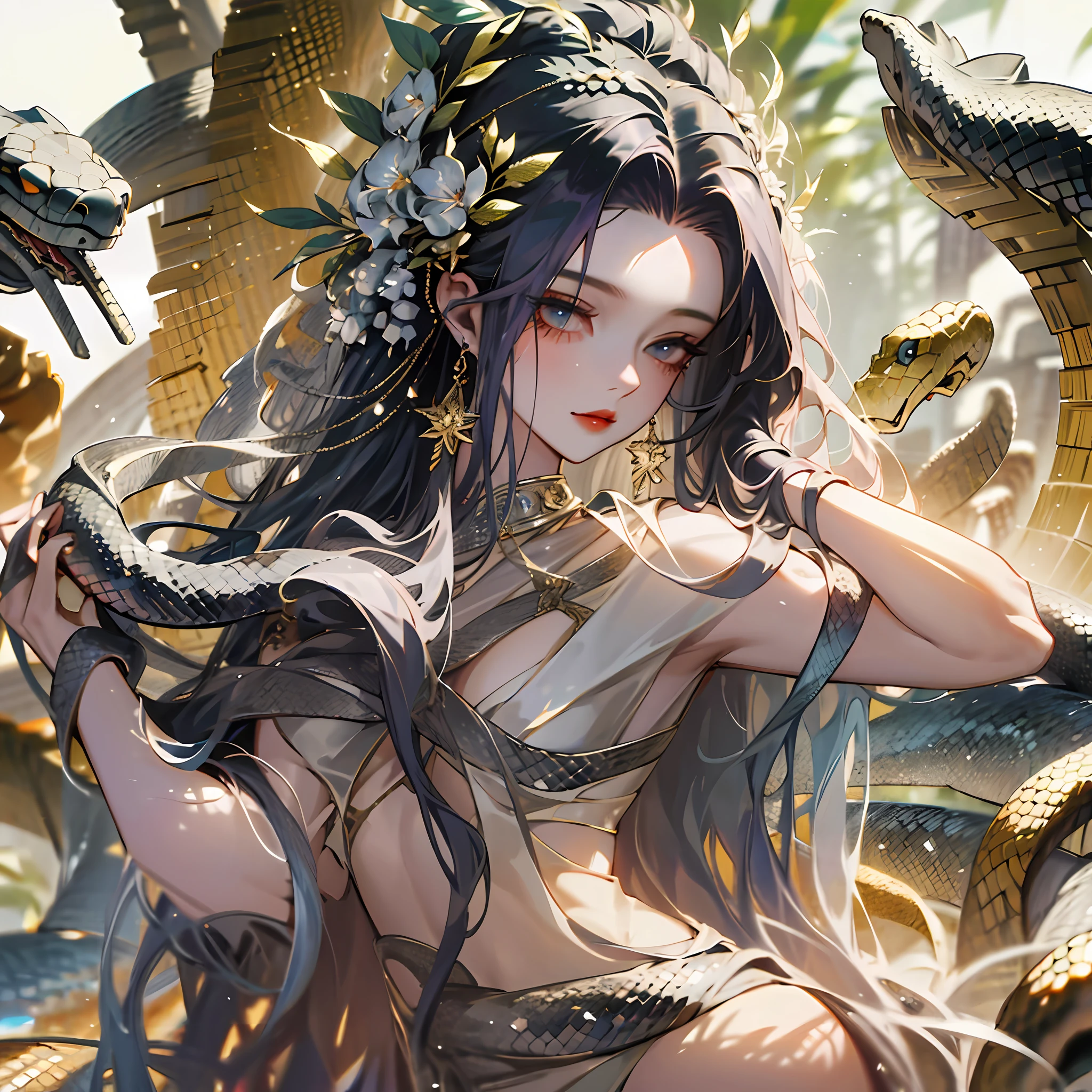 Medusa, hair composed of snakes, Olympus,Gracia,mythology, high definition,fair skin,big chests,ultra resolution, black snake hair,ancient Greece, gods