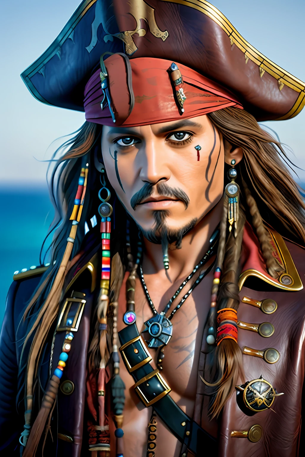 Pirates of the Caribbean /// male Jack Sparrow with long hair wearing detailed leather coat, pirate ship scene, highly detailed skin, face sharp focus, detailed eyes and pupils, detailed hair, intricate details and sharp, masterpiece, global illumination, bokeh, best quality, Pirates of the Caribbean style, photorealistic, realistic, 8k, 3d