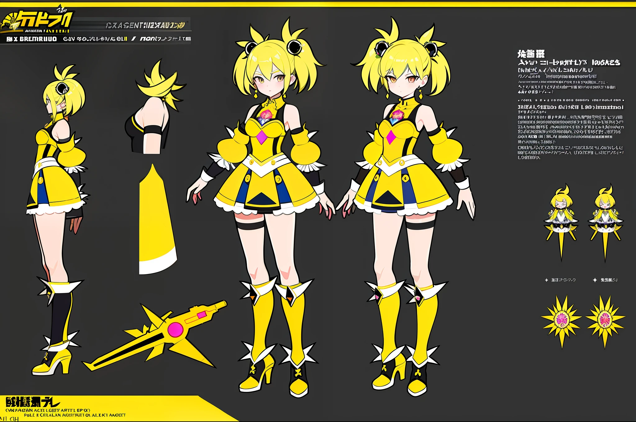 masterpiece,(best quality) magical girl,Lazer gun, yellow, spikey hair, medium sized breasts, unique design,( ( character concept art ) )