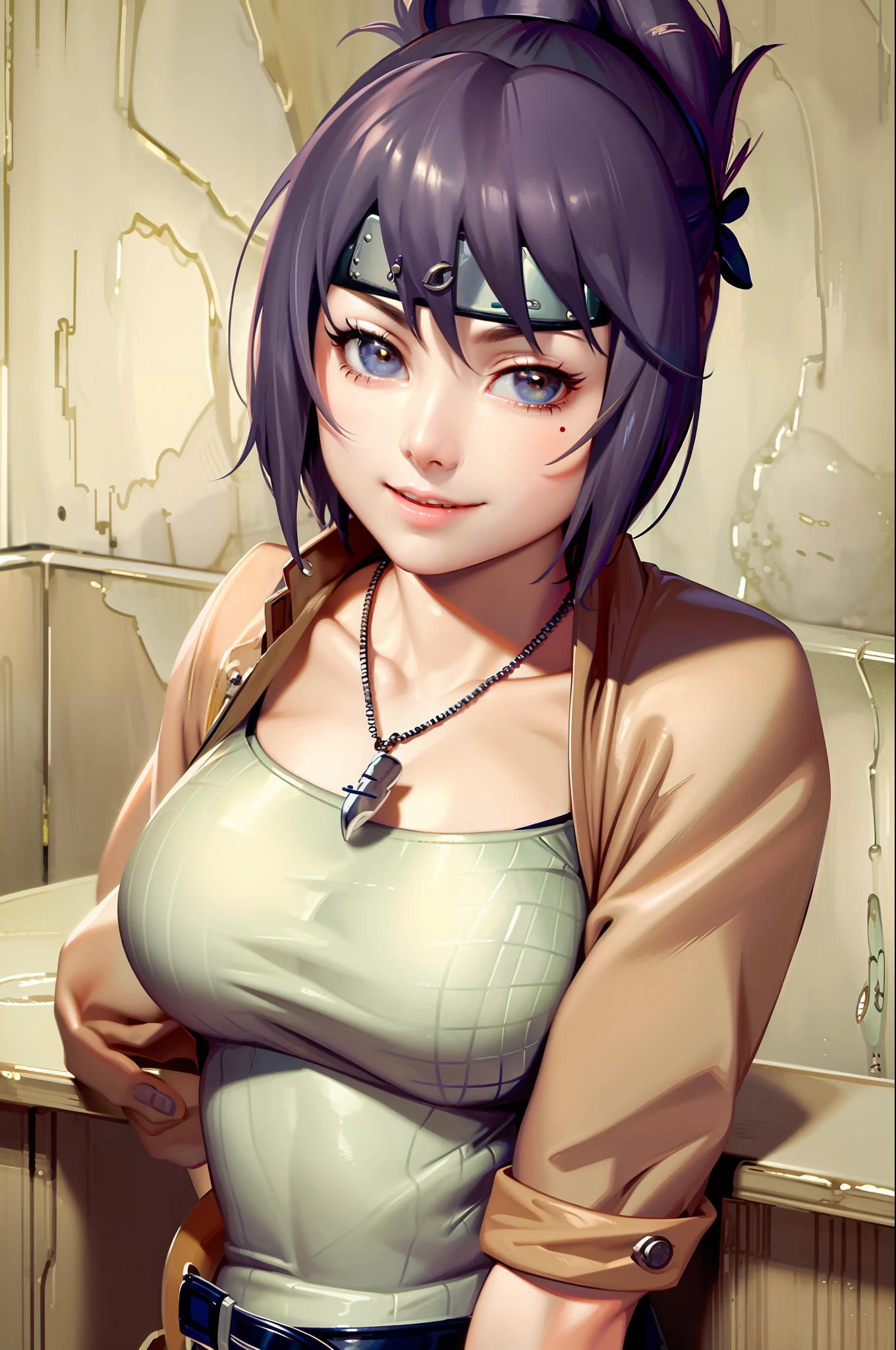 (masterpiece, best quality:1.2), upper body, solo, 1girl, mitarashi anko, smile, looking at viewer, hands on table, ponytail, headband, forehead protector, fishnets, jewelry, necklace, indoors, food, bowl of food