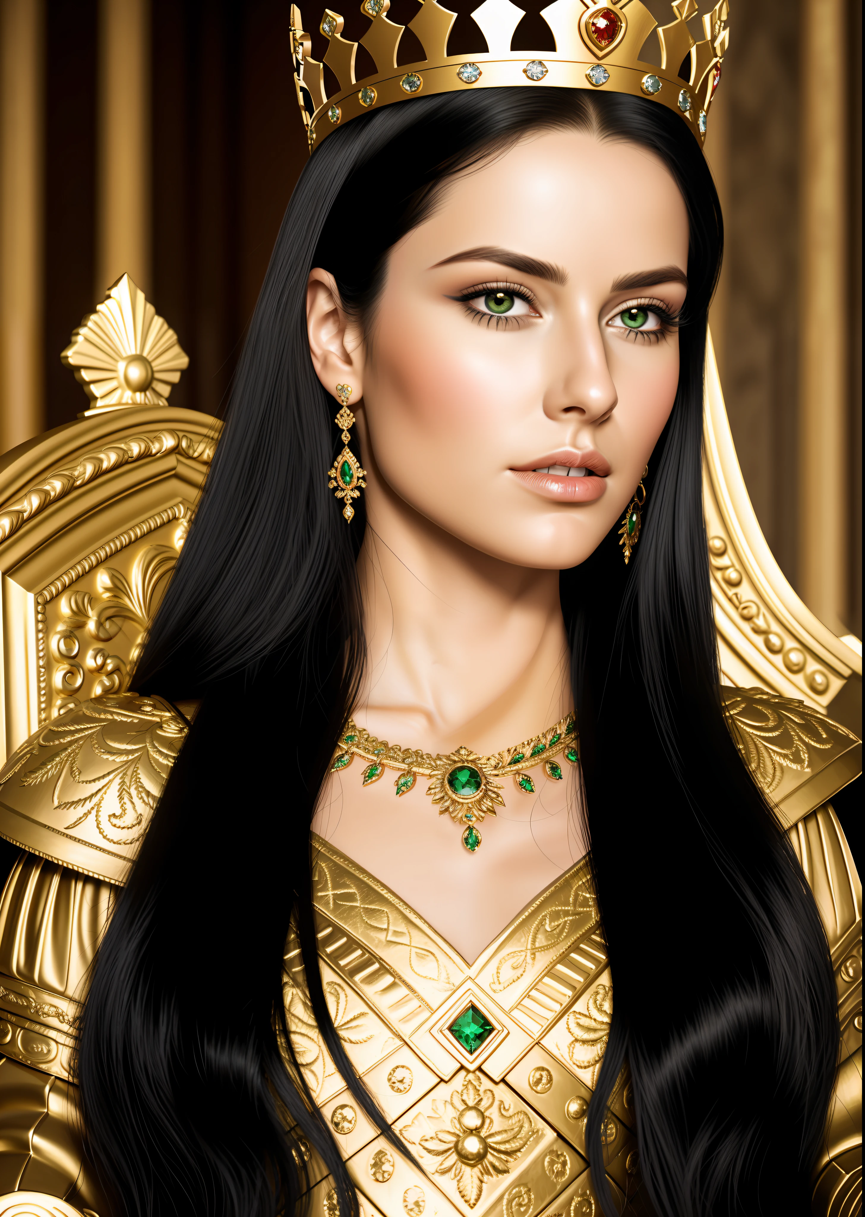 Beautiful queen woman, 30 years old appearance, With smooth and perfect face, Green eye detailed and defined, Black hair Silky and high quality A warrior expression With a detailed queen dress, with perfect and detailed golden crown, she in a castle room, sitting on the throne facing the face of a real womanUltra quality, best resolution 100% perfect, HD, 4K, 8K