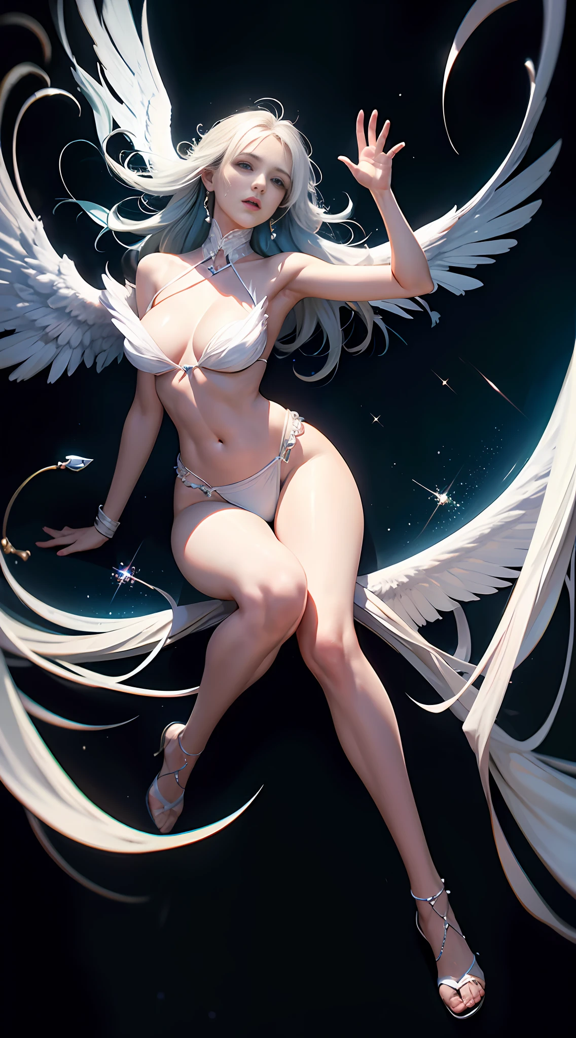 Angel wings, half white and half black, large wings, dangling, 1 female, long legs, lower hemisphere, hip arc, briefs, legs crossed, hands open, beam, shantytown, old residential area, glitter, hug gesture, pretty face, oriental face, outdoor, looking up, low camera, best quality, super fine photo, masterpiece, 8K, UHD, translucent, cool, seductive, fantasy, hyper-realistic, photography level --auto --s2