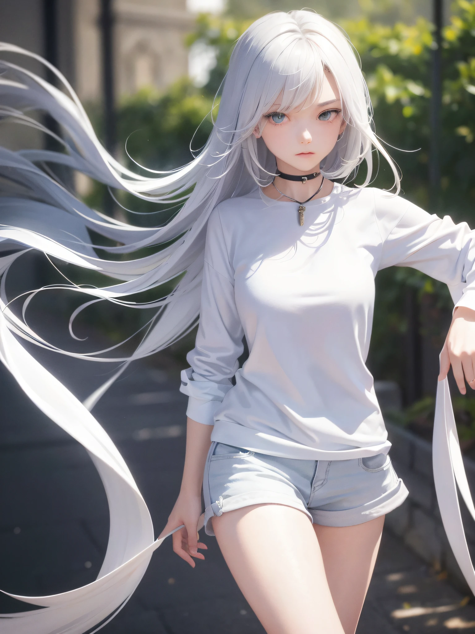 (8K, RAW, Professional, Best Quality, Masterpiece: 1.2), (Realistic, Photorealistic: 1.37), Ultra Detail, (Portrait), (Best Detail Skin: 1.2), (Best Detail Face: 1.2), Cinematic Lighting, 1 Girl, (Masterpiece), (Best Quality: 1.0), (Ultra High Definition: 1.0), Detailed Illustration, portrait, detail, girl, single, , detailed beautiful skin, slender, face focus, dim light, harsh theme, constriction, complete anatomy, lower body thin and slender legs, random hairstyle short hair, ultra high definition face, detailed eyes, mine system, goth loli, white thin soft clothes, choker, braided sneakers, taut pointed small, hair ornament, Idol group uniform, white shorts, two legs