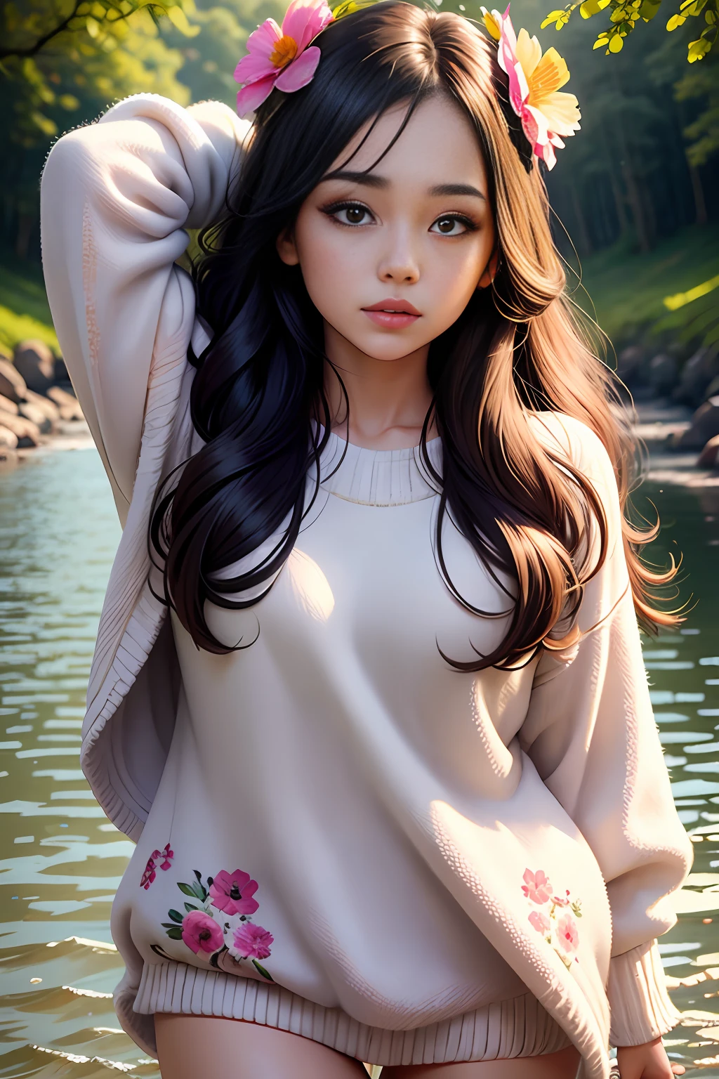 1girl walking on the river, mix4, sweater, pillow, lips, open_mouth, realistic, photo_\(medium\), solo, stuffed_animal, stuffed_toy, teddy_bear,(masterpiece),(photorealistic:1.3), ultra-detailed, (high detailed skin:1.2),(best quality:1.0), (ultra highres:1.0), (ulzzang-6500:0.3), wavy detailed hair, long hair, sunshine, (beautiful detailed makeup), (???????? aroused blushing heavy breathing:1.0), floral theme flower petals scattered, (soft glow bloom:0.5)