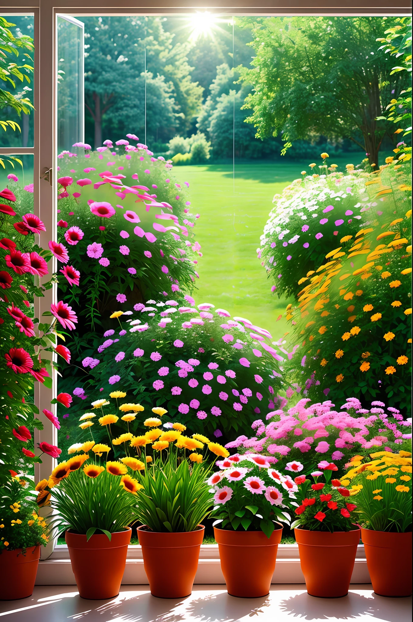 clay flower pot, colorful daisies, window side, sunlight coming in, background blank, lots of detail, high quality, 8k,