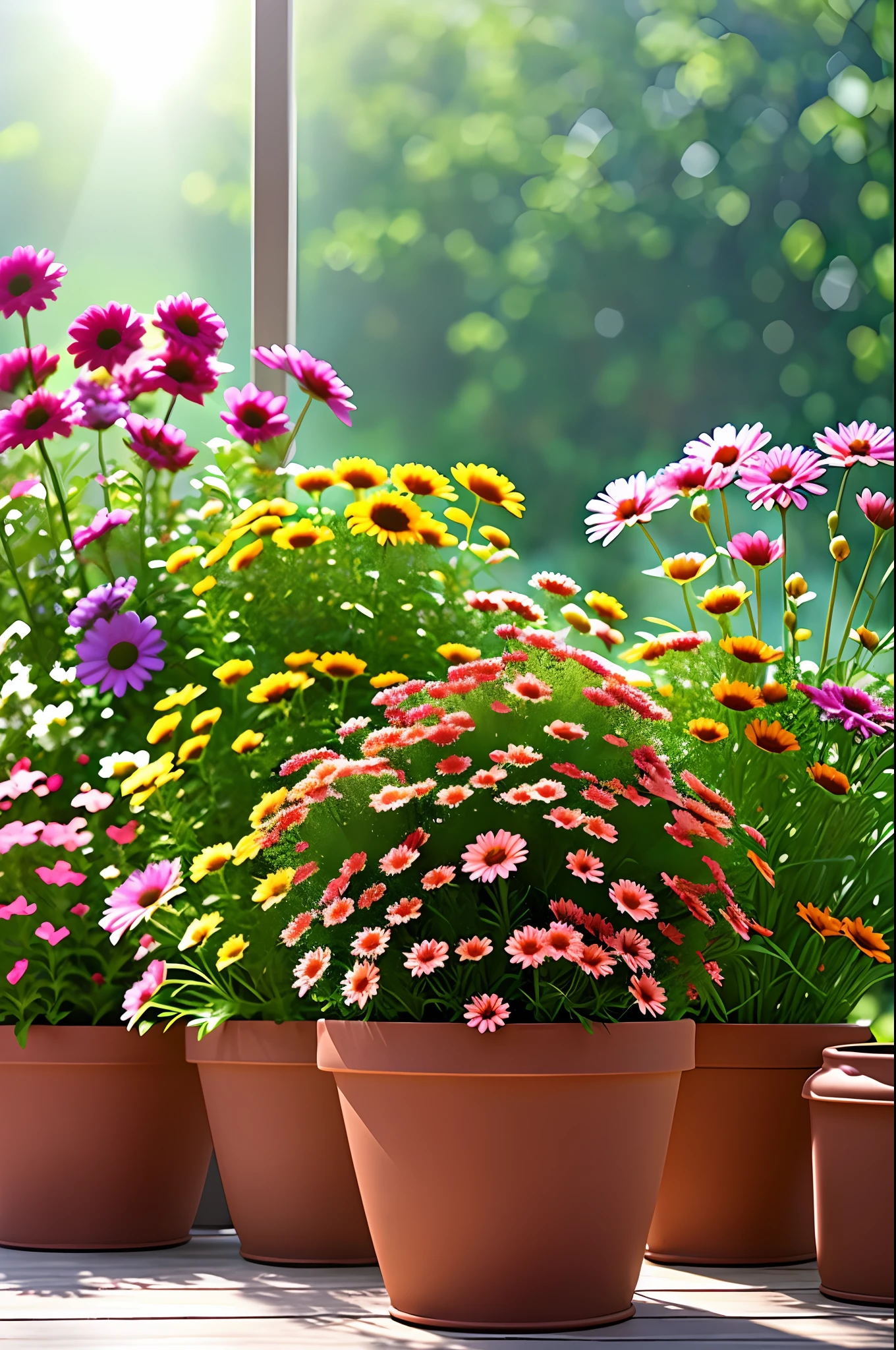 clay flower pot, colorful daisies, window side, sunlight coming in, background blank, lots of detail, high quality, 8k,