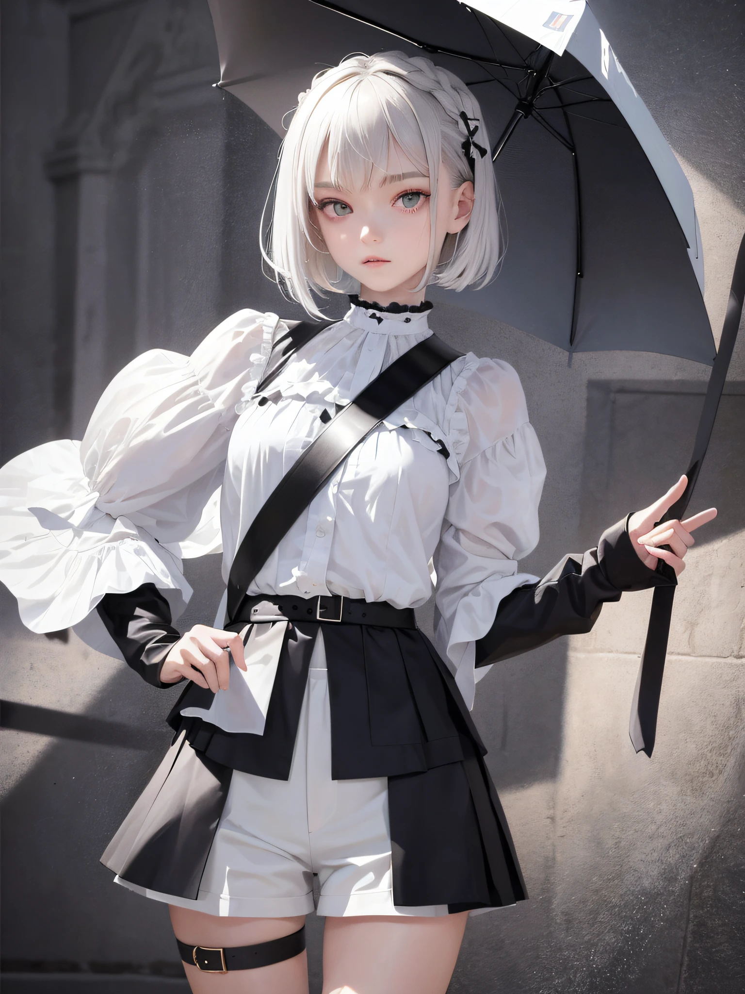 (8K, RAW, Professional, Best Quality, Masterpiece: 1.2), (Realistic, Photorealistic: 1.37), Ultra Detail, (Portrait), (Best Detail Skin: 1.2), (Best Detail Face: 1.2), Cinematic Lighting, 1 Girl, (Masterpiece), (Best Quality: 1.0), (Ultra High Definition: 1.0), Detailed Illustration, portrait, detail, girl, single, 16 years old, detailed beautiful skin, slender, face focus, dim light, harsh theme, constriction, complete anatomy, lower body thin and slender legs, random hairstyle short hair, ultra high definition face, detailed eyes, mine system, goth loli, white thin soft clothes, choker, braided sneakers, taut pointed small, hair ornament, Idol group uniform, white shorts, two legs