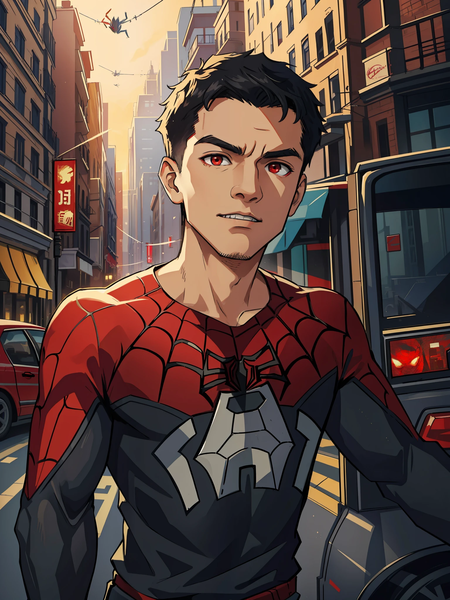 (masterpiece, best quality), intricate details, 8k, artstation, wallpaper, official art, splash art, sharp focus,
1boy, short hair, red eyes, black hair,
spider-man costume, spider web print, spider web,
skyscraper, city, buildings, cars, street,
