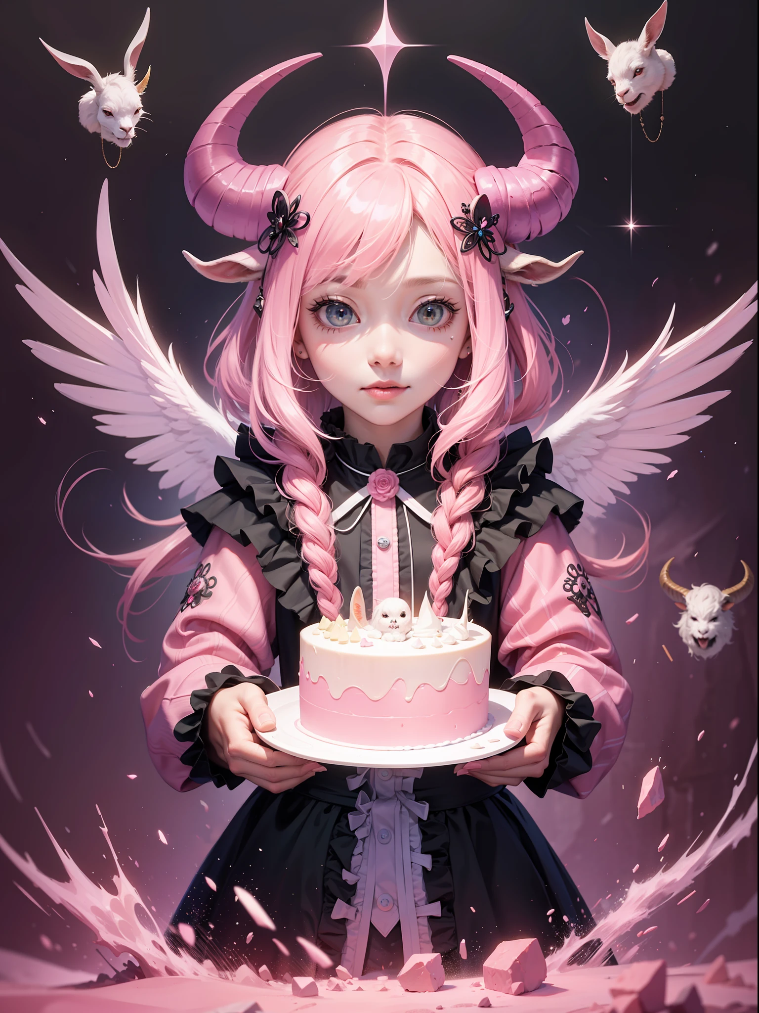 official art, unity 8k wallpaper, ultra detailed, beautiful and aesthetic, High quality, beautiful, masterpiece, best quality, (zentangle, mandala, tangle, entangle:0.6), low contrast, a cute girl serving cake to demons, pink, bright pastel colors, kawaii, (horror), eerie, rabbit skull, goat skull, in hell, creepy, demons, claws, best lighting --auto --s2