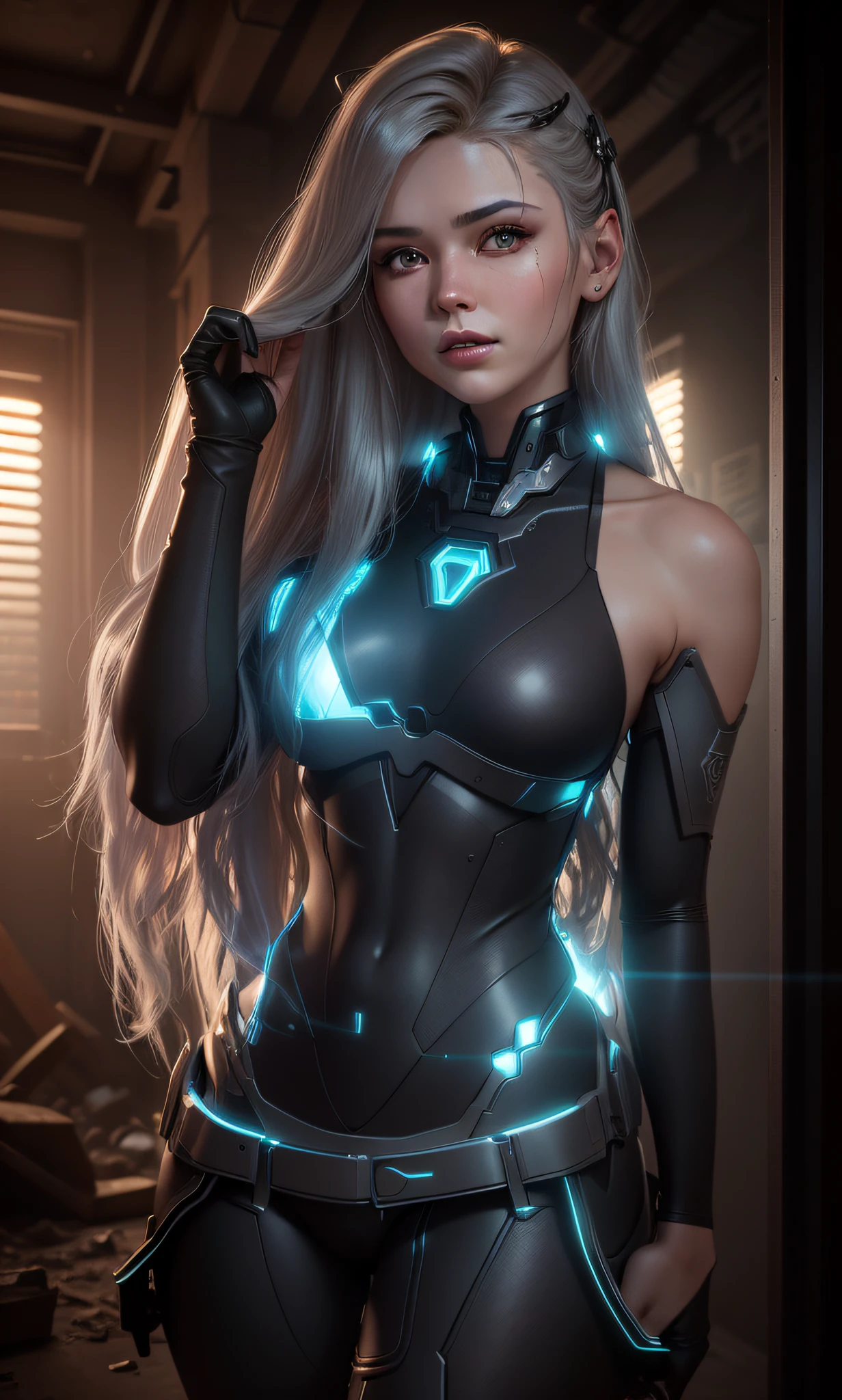 ((Best Quality)), ((Masterpiece)), (Very Detailed: 1.3), 3D, Shitu-mecha, Beautiful cyberpunk woman wearing crown with her mecha in ruins of a city in forgotten war, long silver hair, sci-fi technology, HDR (High Dynamic Range), ray tracing, nvidia RTX, super resolution, unreal 5, subsurface scattering, PBR texture, post-processing, anisotropic filtering, depth of field, maximum sharpness and sharpness, multi-layered texture, Albedo and specular mapping, surface shading, accurate simulation of light-material interactions, perfect ratios, octane rendering, duotone lighting, low ISO, white balance, rule of thirds, wide aperture, 8K RAW, high efficiency sub-pixels, subpixel convolution, luminous particles, light scattering, Tyndall effect --auto --s2