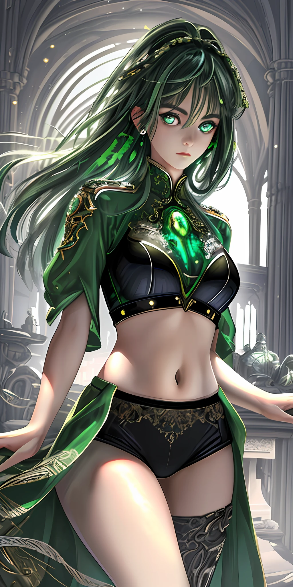 photorealistic:1.4), (masterpiece, sidelighting, finely detailed beautiful eyes: 1.2), masterpiece*portrait, realistic, 3d face, glowing eyes, shiny green hair, lustrous skin, solo, embarassed, (midriff), black underwear, leotard,