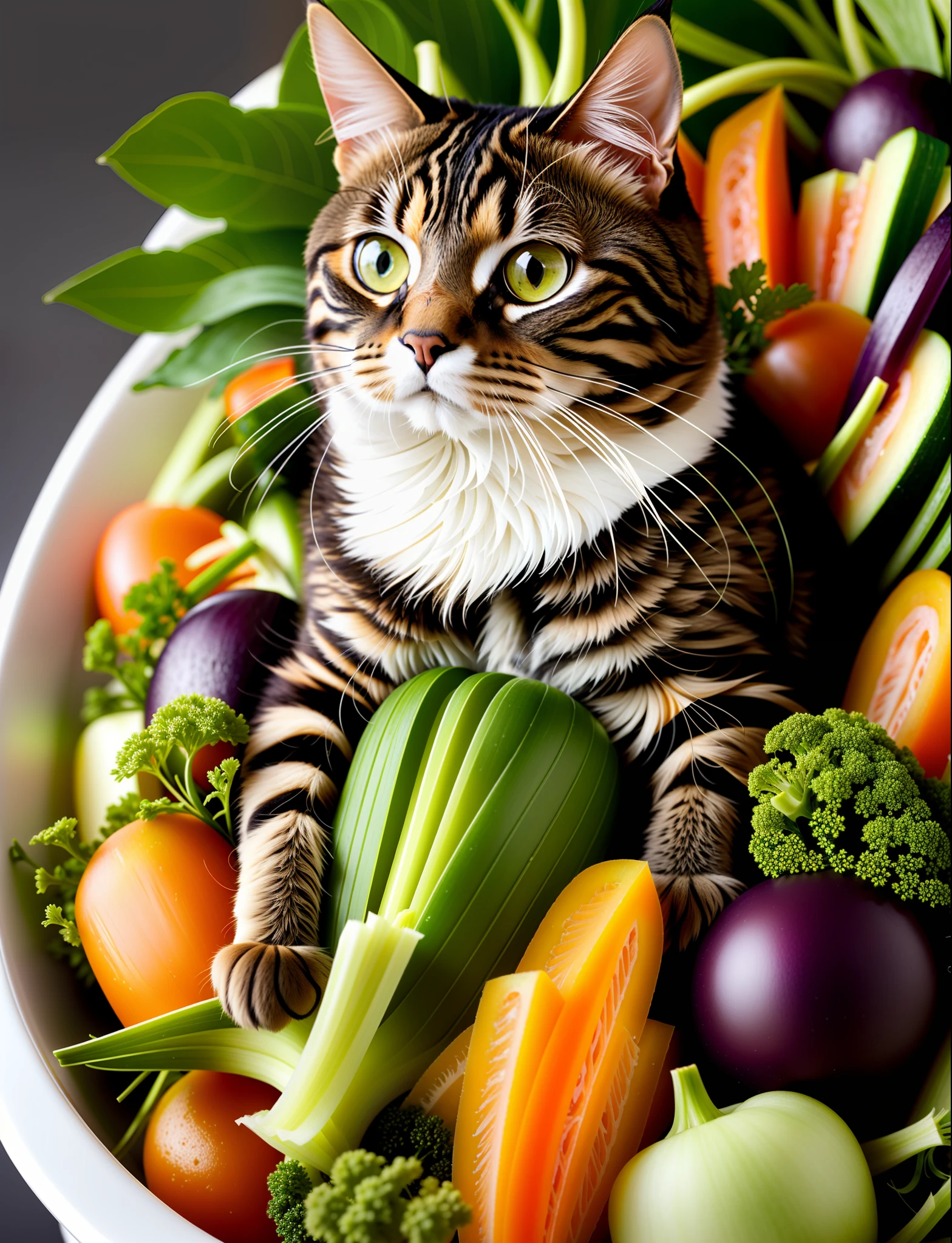 a cat in a dress made of vegetables, cinematic, insane details, intricate details, hyperdetailed, detailed hair, diffused light
