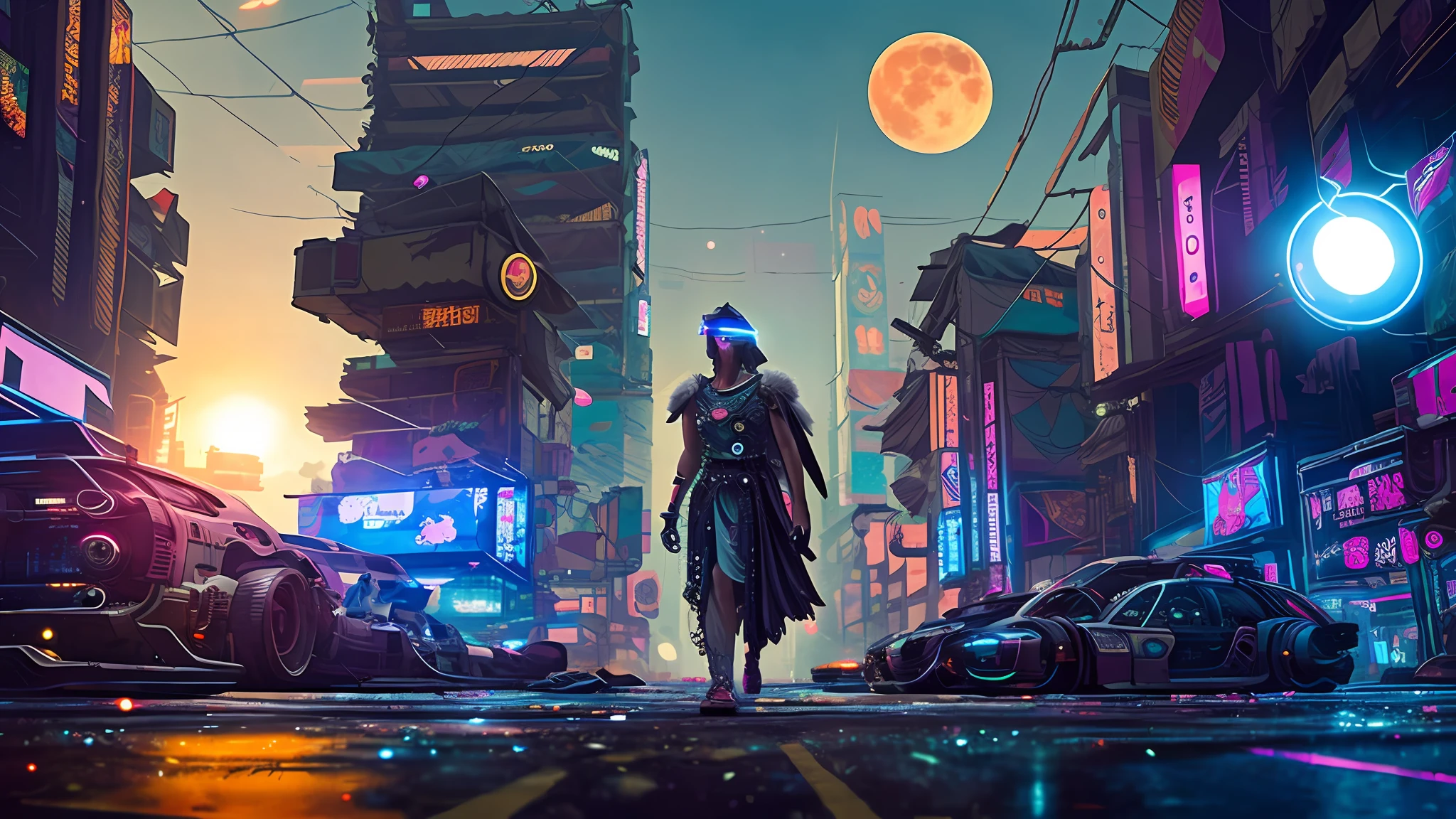A toga-clad angel walking through a (((cyberpunk city))) and the giant orange moon behind