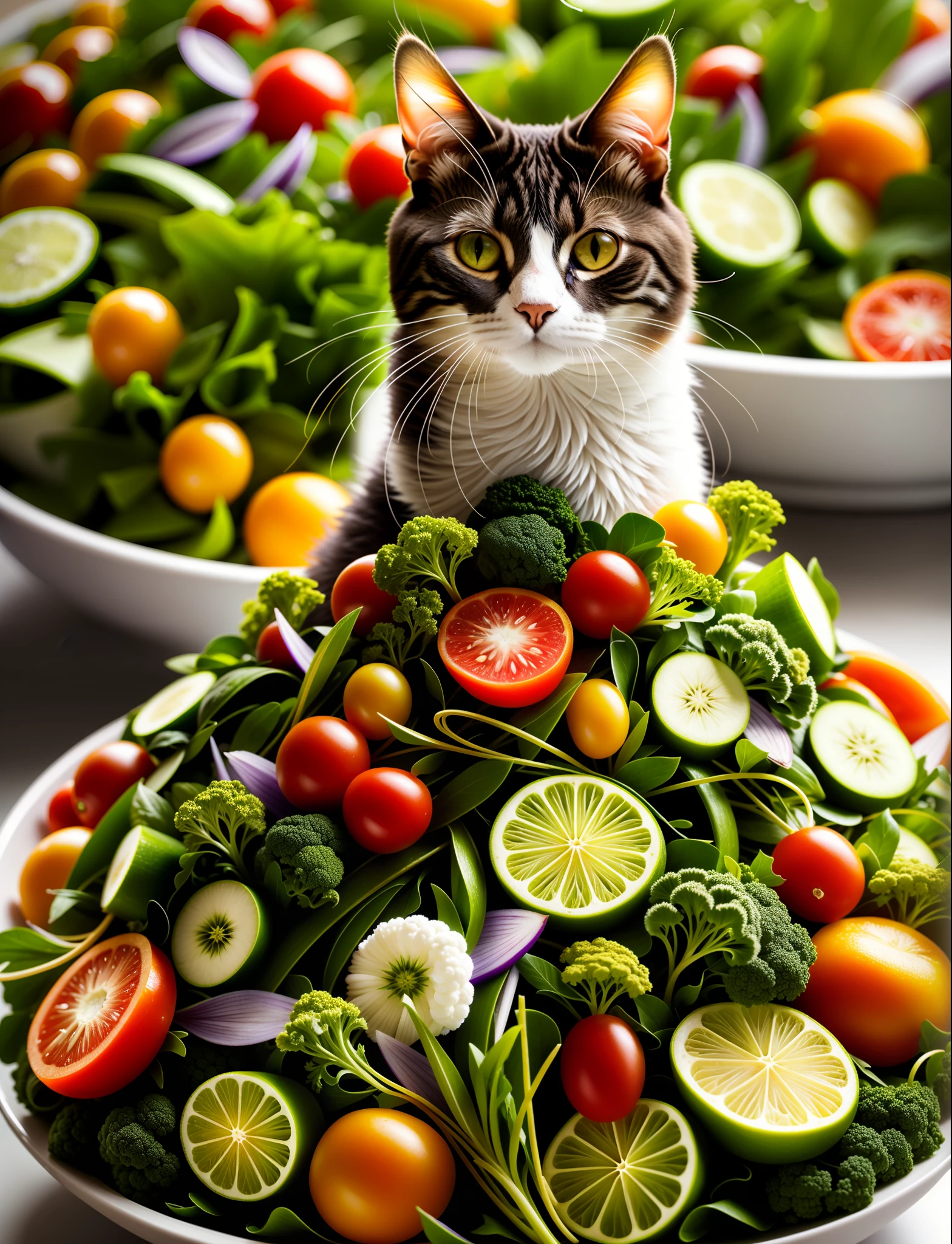a cat in a dress made of vegetables, cinematic, insane details, intricate details, hyperdetailed, detailed hair, diffused light