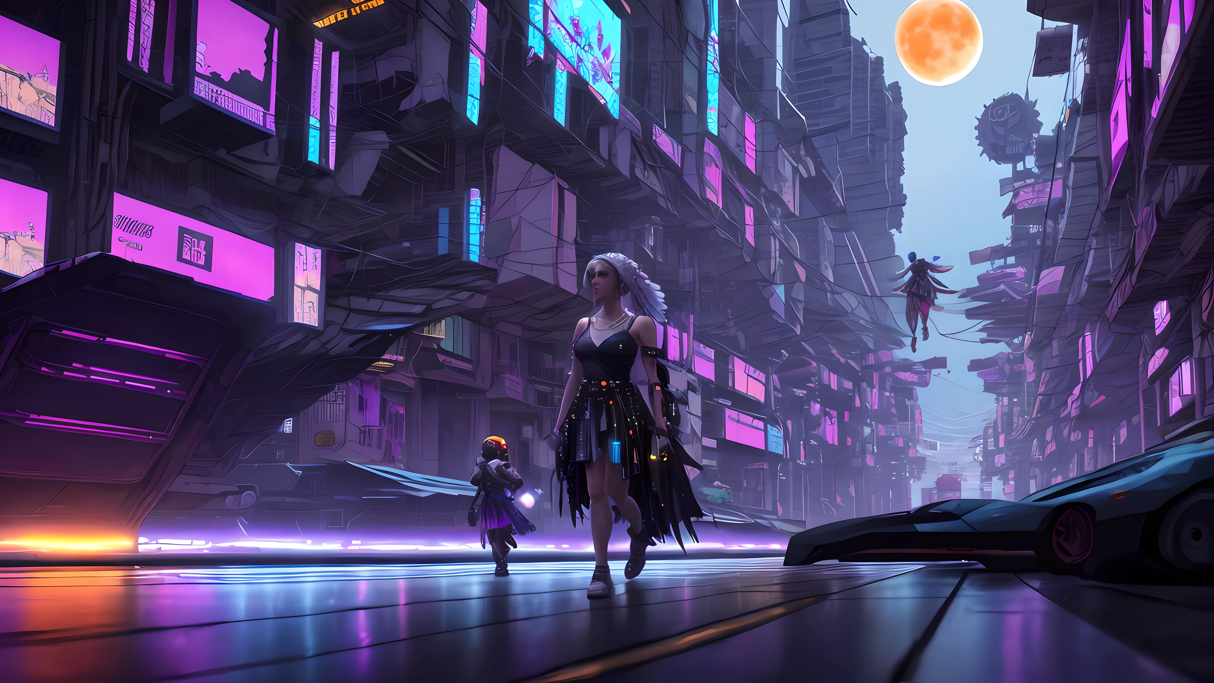 A toga-clad angel walking through a (((cyberpunk city))) and the giant orange moon behind