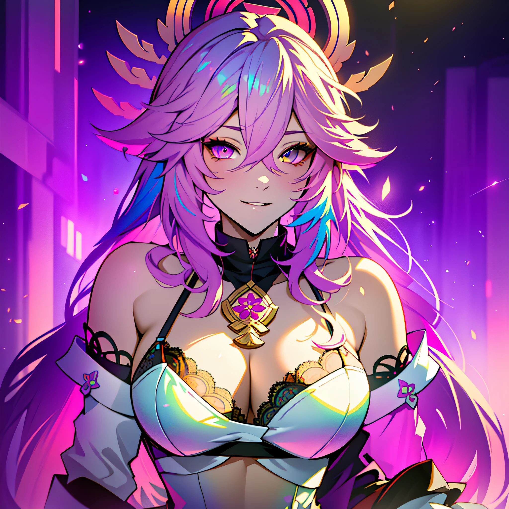 yae miko, {{masterpiece}}, best quality, extremely detailed CG unity 8k wallpaper, cinematic lighting, lens flare, beautiful detail eyes, black, lingerie, white lace bra, multicolor hair, colorful light, particles, heterochromia, (colorful:1.5), (colorful hair:1.5),
