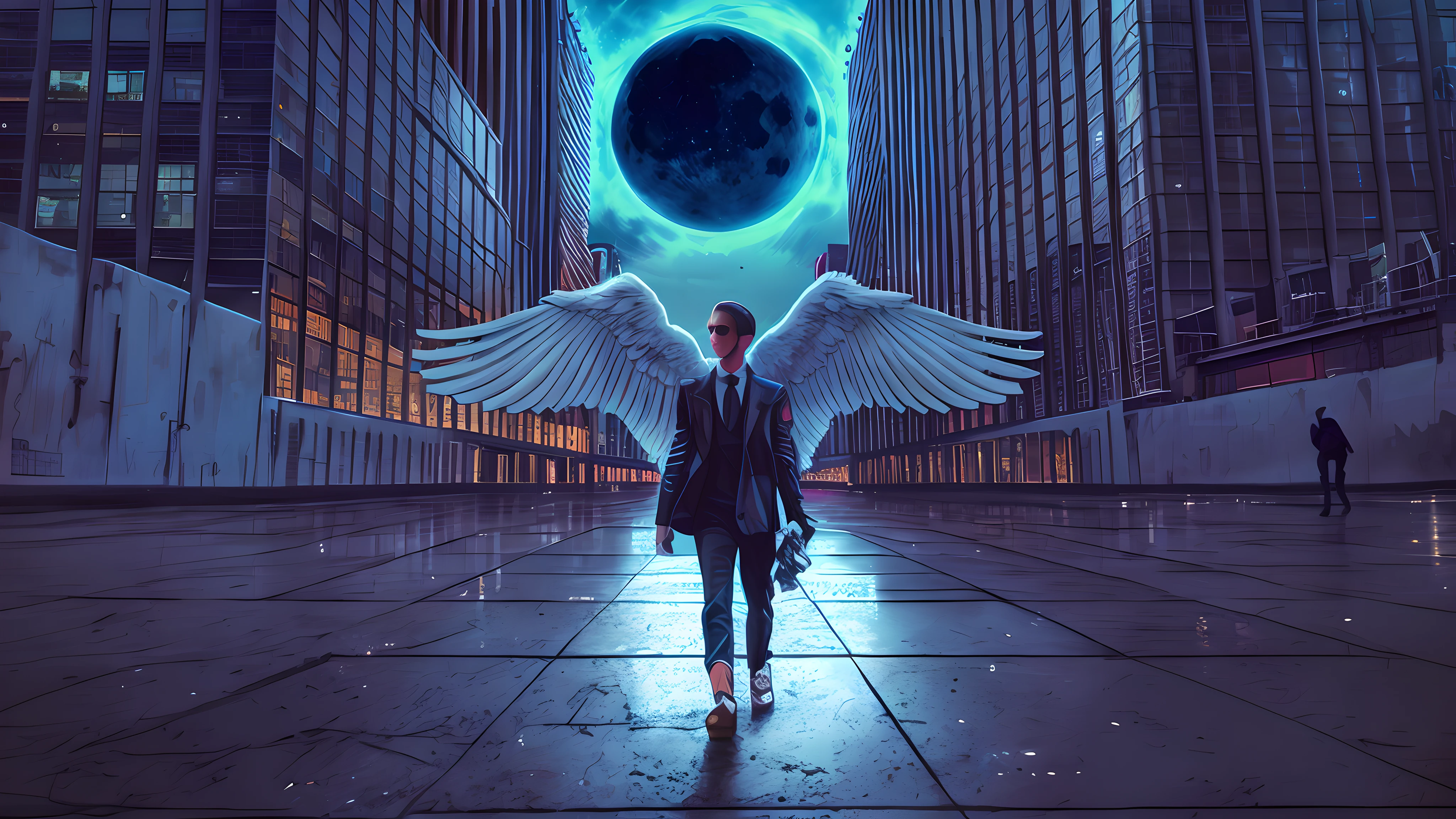 An angel walking through a cyberpunk city and the giant moon behind