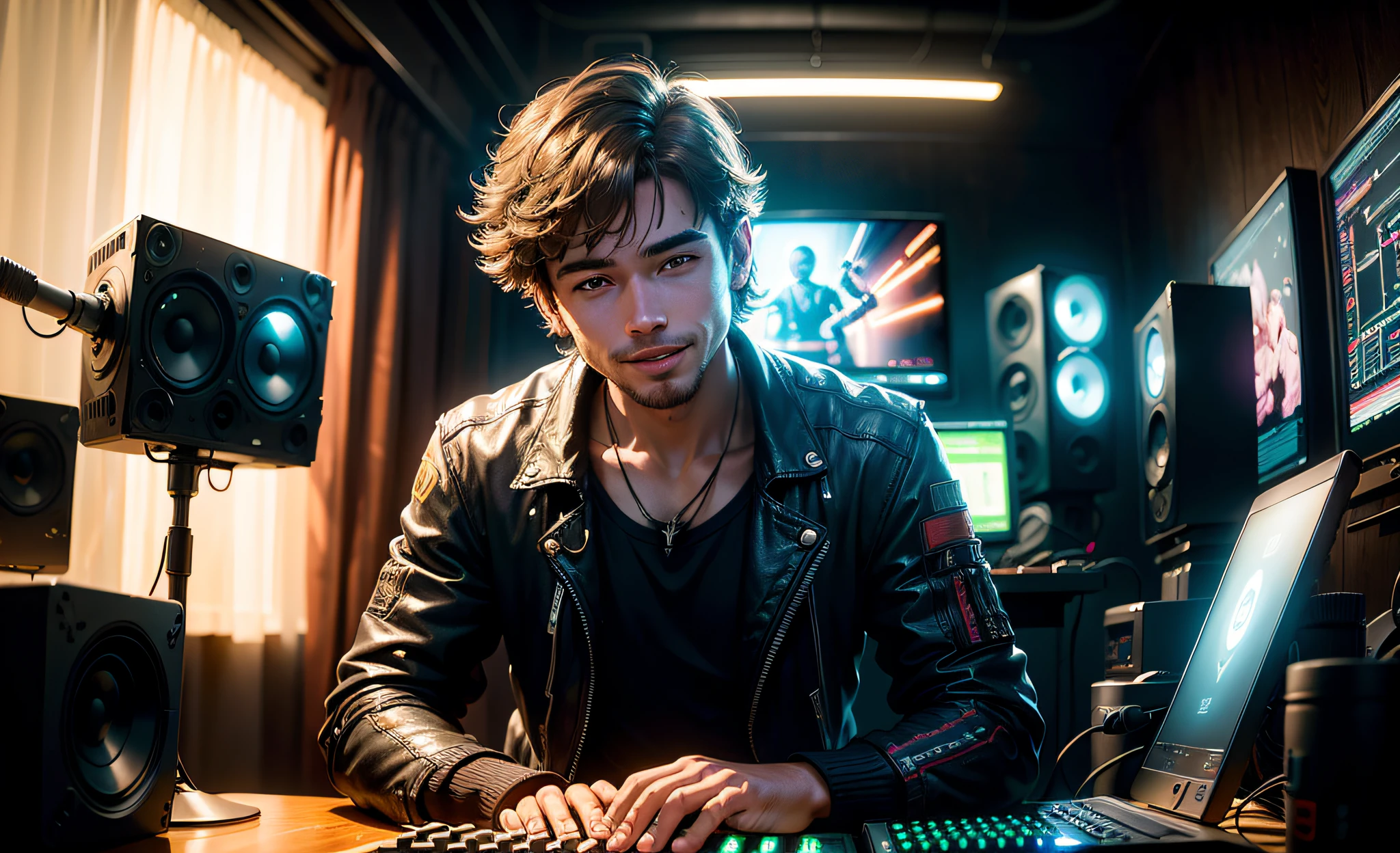 young man,happy,handsome,smiling,(masterpiece), (best quality), amazing, beautiful detailed, extremely detailed wallpaper, extremely detailed CG unit 8k wallpaper, an extremely delicate and beautiful, perfect face, side lighting, glossy skin, (brightness), lighting, depth of field, photo realism, realism, photo, (((light face)), ((clear eyes)), high contrast, deepening of contour, cinematic lighting, detailed background, (((solo))), , (monitors), (professional DJ booths)), ((Cyberpunk Room)), Interior, (Computer, Multi-monitor), Live Video, (Professional Audio Mixer), Windows, ((sitting in a gaming chair)), (beautiful eyes), best hands, streaked hair, makeup, smile, Impressionism, Expressionism, Romanticism, modern, cinematic lighting, Impressionism, Romanticism, Social realism, modern, UHD, best quality