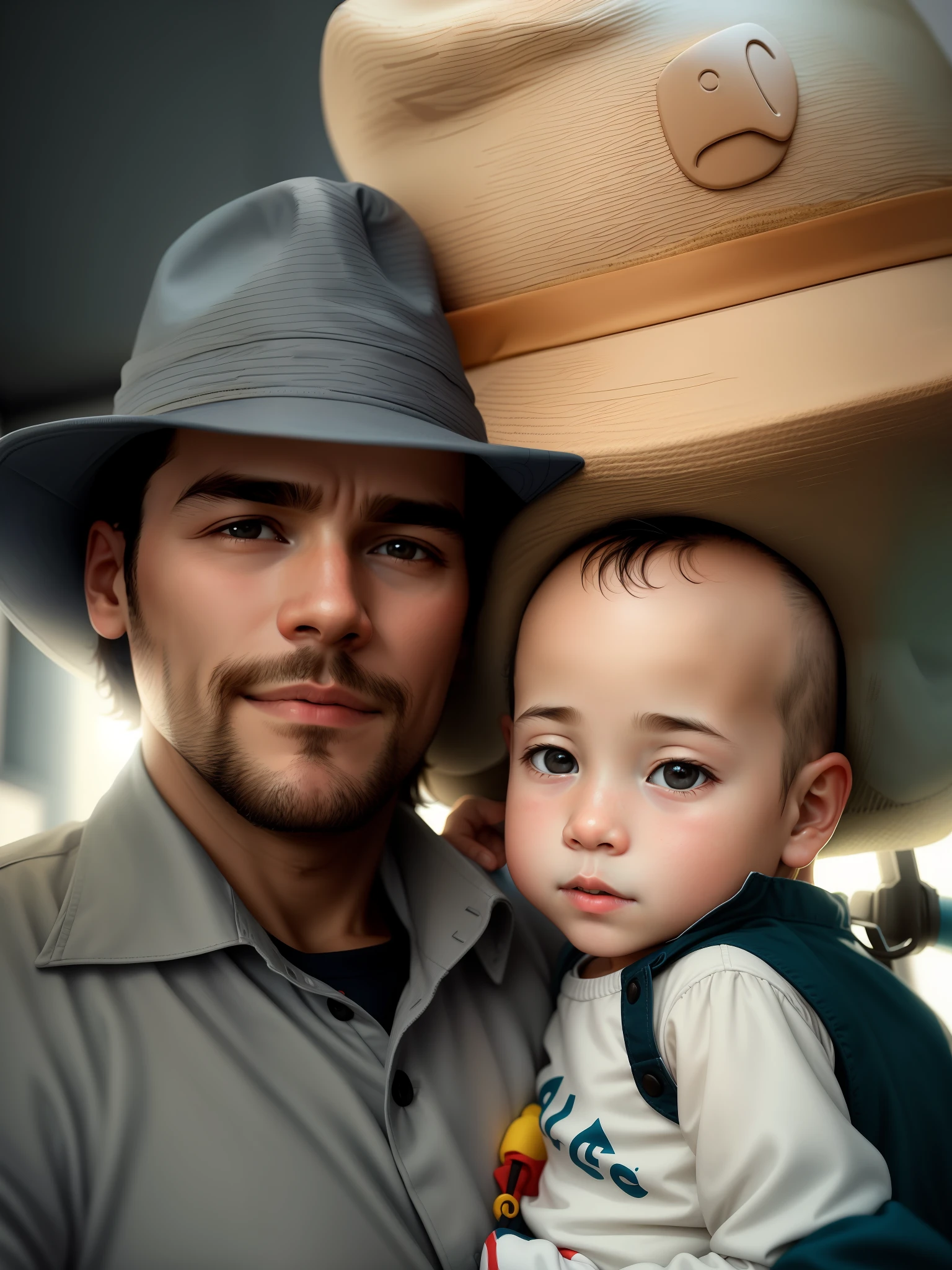 There is a man holding a  wearing a hat, profile picture, profile picture, father with son, high quality image, cartoon style